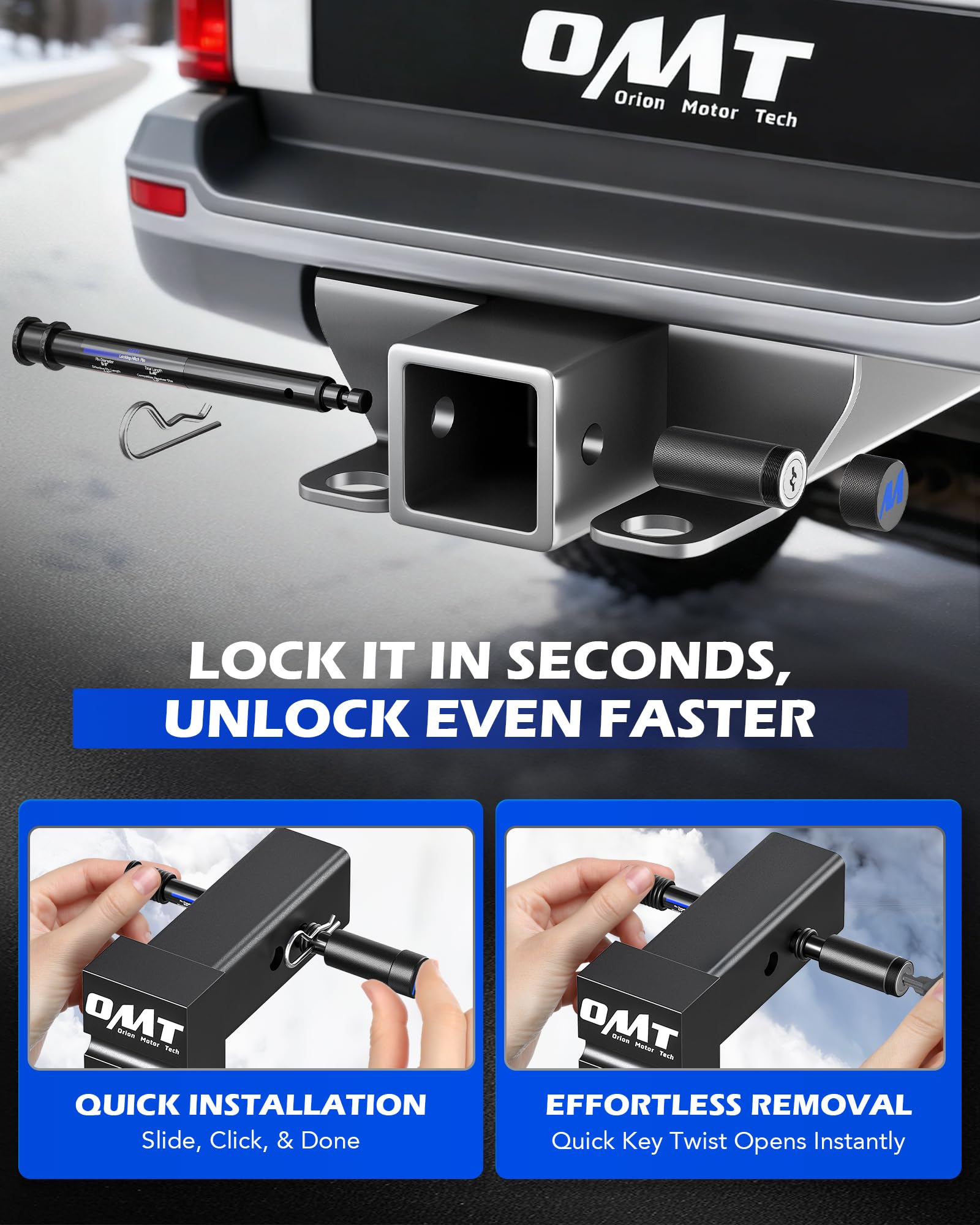 Orion Motor Tech Locking Hitch Pin — Anti-Theft 2, 2.5, 3 Inch Receiver, 5/8 Inch Pin, Weatherproof Steel