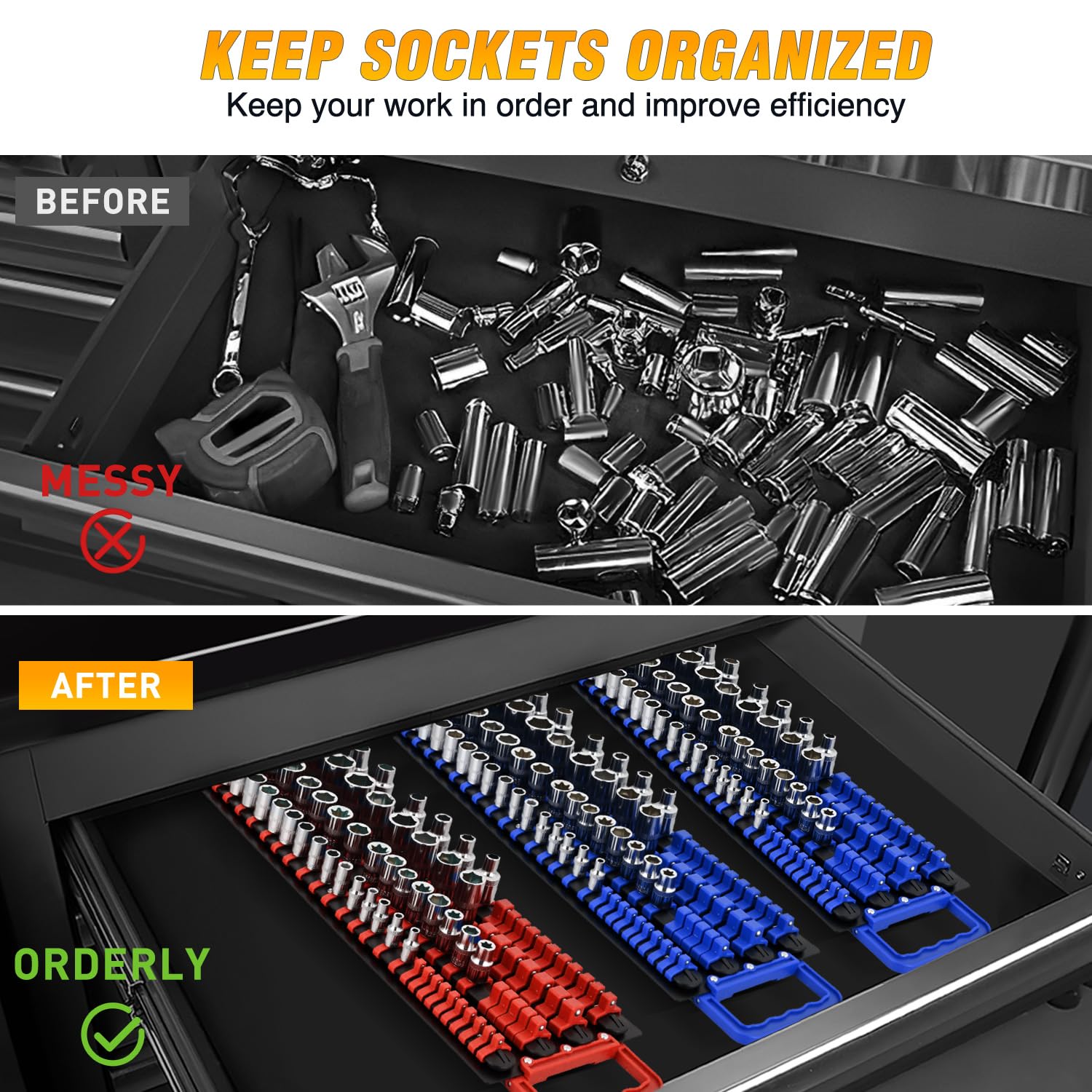 GOOACC Socket Organizer Tray 1/4 inch 3/8 inch 1/2 inch Socket Holder Portable Socket Rail Organizer Trays for Tool Box Drawer, 2Pcs Set Socket Tray Holds 160-Piece SAE Metric Socket, Blue & Red