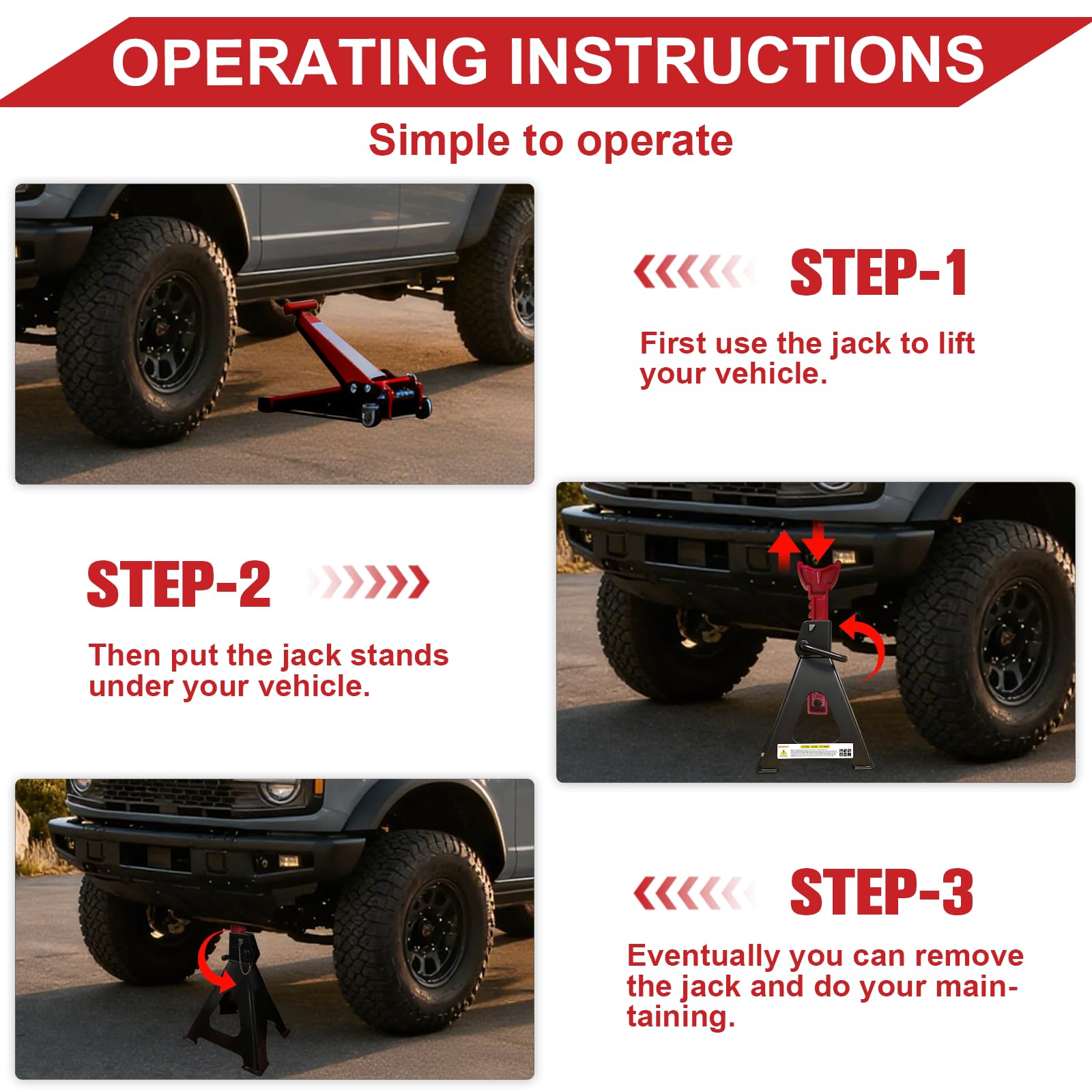USYATO 3 Ton Jack Stands (6,600 lbs) - Heavy Duty Car Jack Stand with Double Pin Locking, Adjustable 11.22"-16.54" Height, Extra Rubber Pads for Trucks, Garage, Home,DIY Use - 1 Pair Black+Red