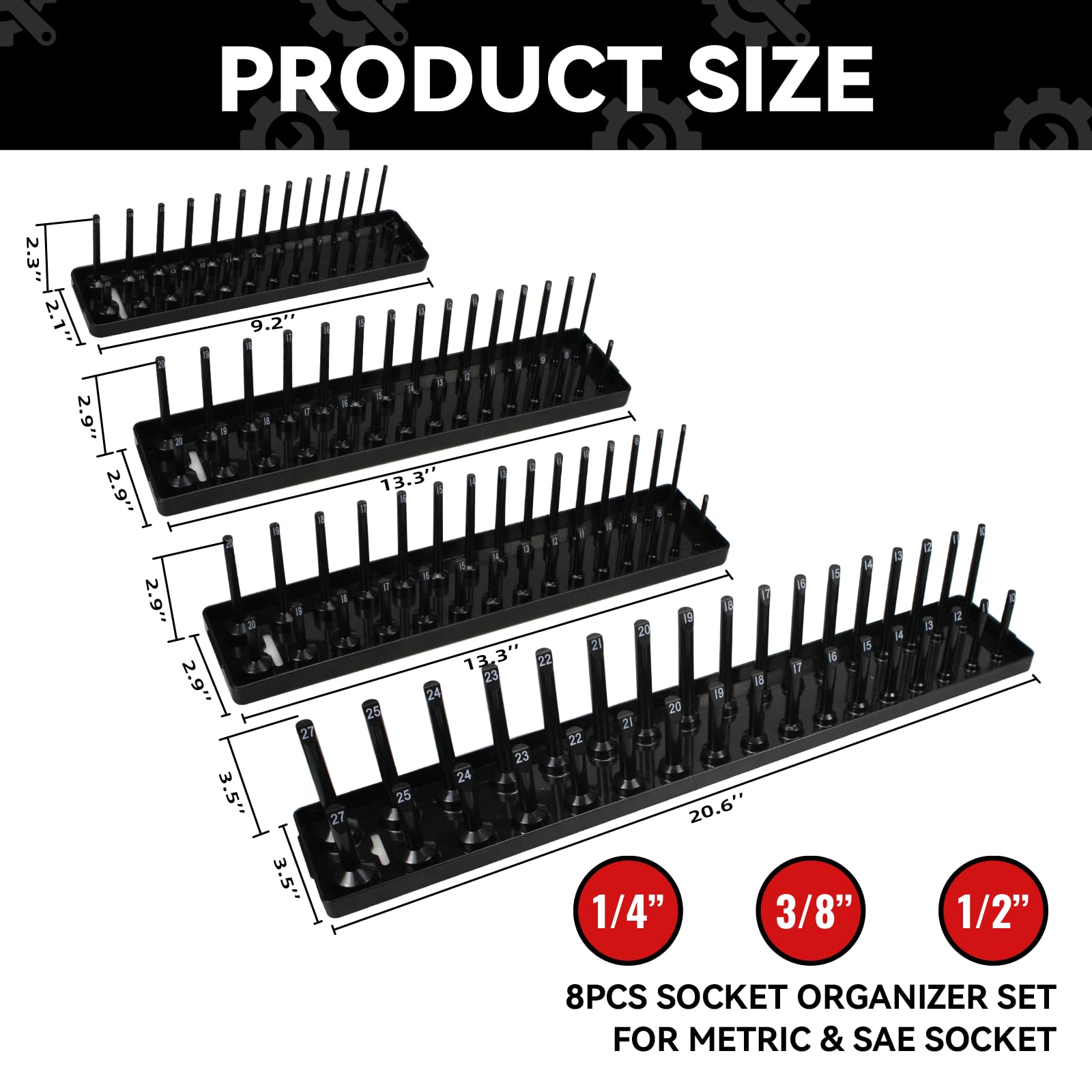 8PCS Socket Organizer Tray Set,SAE & Metric Socket Trays, 2PCS 1/4", 4PCS 3/8", 2PCS 1/2" Drive Deep and Shallow Socket Holders for Toolboxes (8pcs socket organizer）