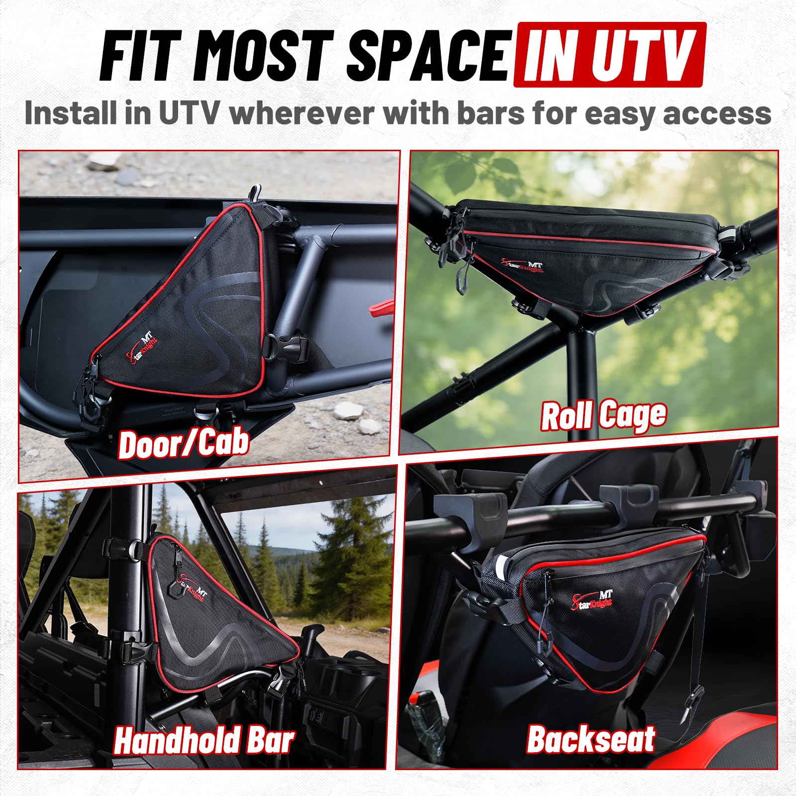 StarknightMT 2-Pack Roll Bar Bag — Universal Water-Resistant Triangle Storage for UTVs (1.75–2 in Roll Bars)