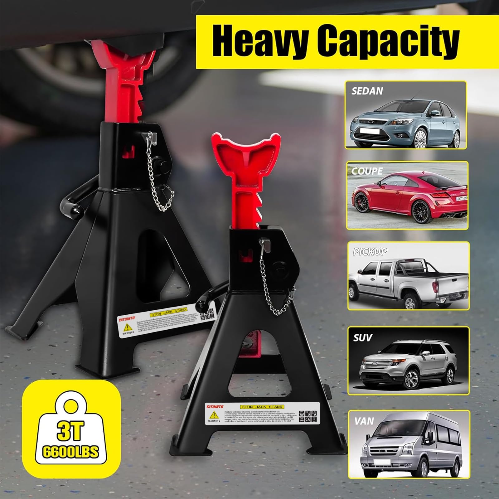 YATOINTO Jack Stands 3 Ton (6,600 LBs) with Double Pin Locking, Car Jack Stand 11.22"-16.54" Adjustable with Rubber Pads, Jack Stands for Trucks,Home,Garage, SUV, Pickup,Car,UTV/ATV,1 Pair