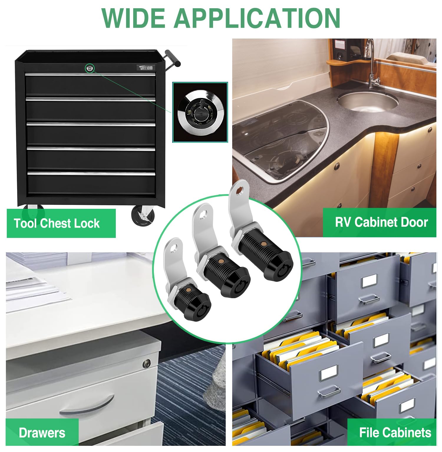 10 Pack Tool Box Lock with Keys, 5/8" RV Storage Lock Keyed Alike, Cabinet Lock Cam Locks for Toolbox Lock Replacement Mailbox RV Compartment Locks with Manual (Black -10 Pack, 5/8 Inch)