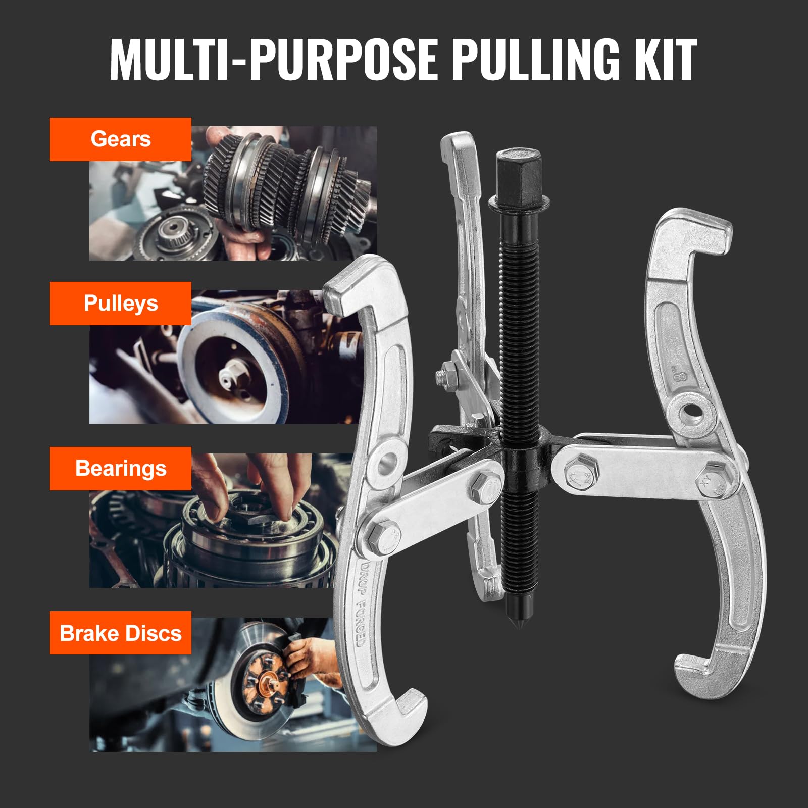 VEVOR Gear Puller Set, 3" 4" 6" 8" Puller Kit, 3 Jaw Gear Bearing Flywheel Pulley Removal Tool, 2 or 3 Reversible Jaws Wheel Puller, Vertically and Horizontally, External and Internal, 4-Piece