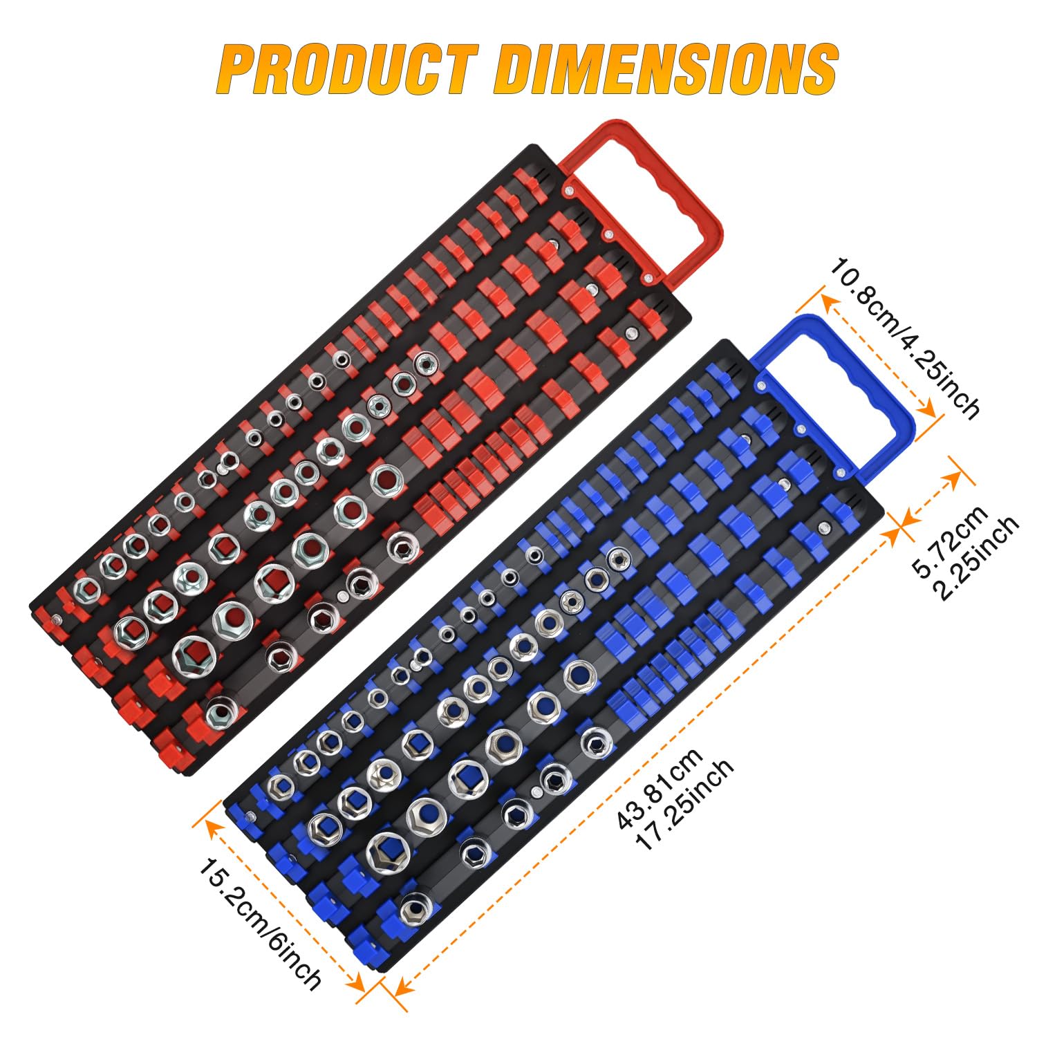 GOOACC Socket Organizer Tray 1/4 inch 3/8 inch 1/2 inch Socket Holder Portable Socket Rail Organizer Trays for Tool Box Drawer, 2Pcs Set Socket Tray Holds 160-Piece SAE Metric Socket, Blue & Red