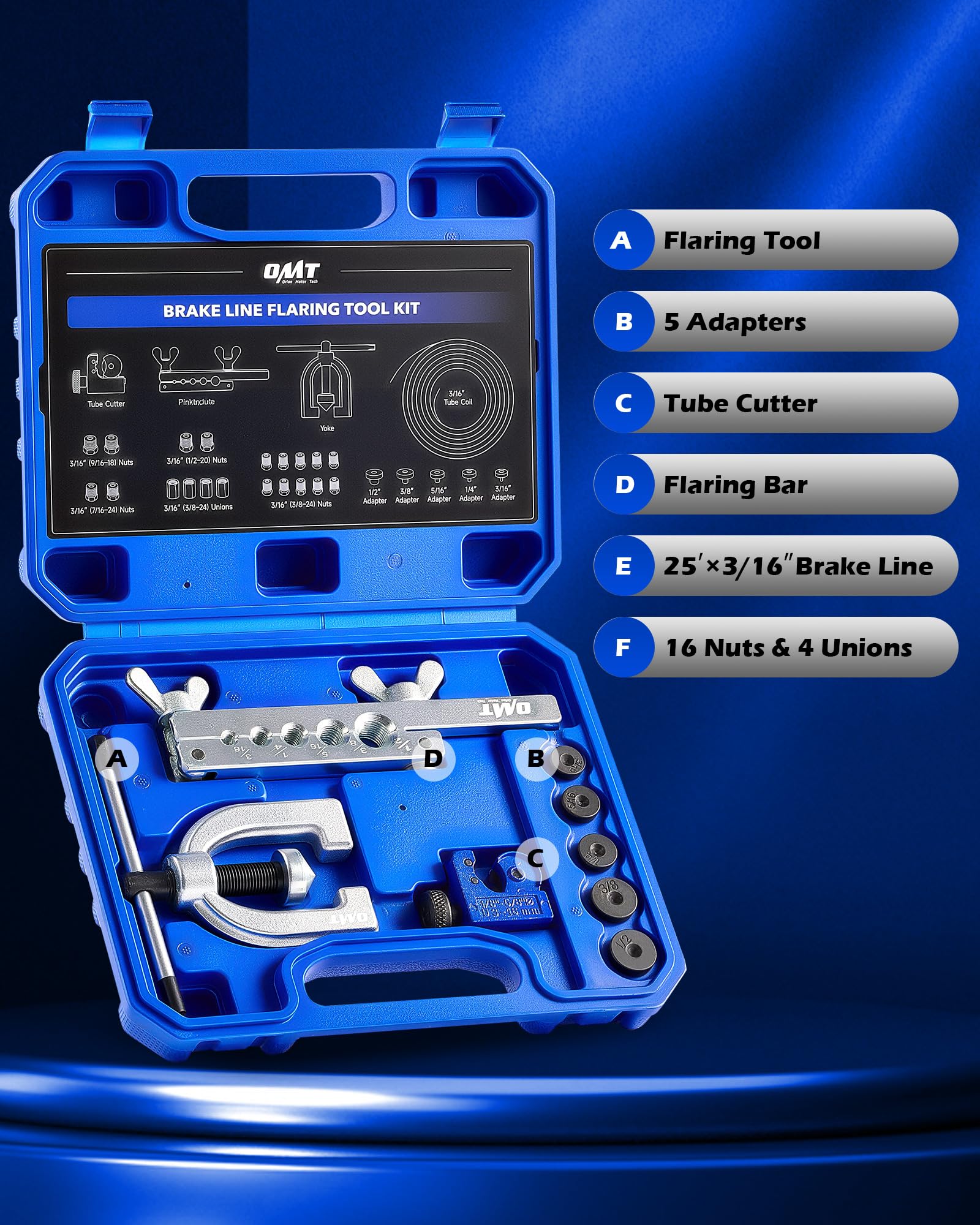 Orion Motor Tech 3/16 in Brake Line Kit, Brake Line Flaring Tool Kit with 25 ft Brake Line, 16 Fittings & 4 Unions, Double & Single Flaring Tool Kit for Most Hydraulic Braking Fuel Systems