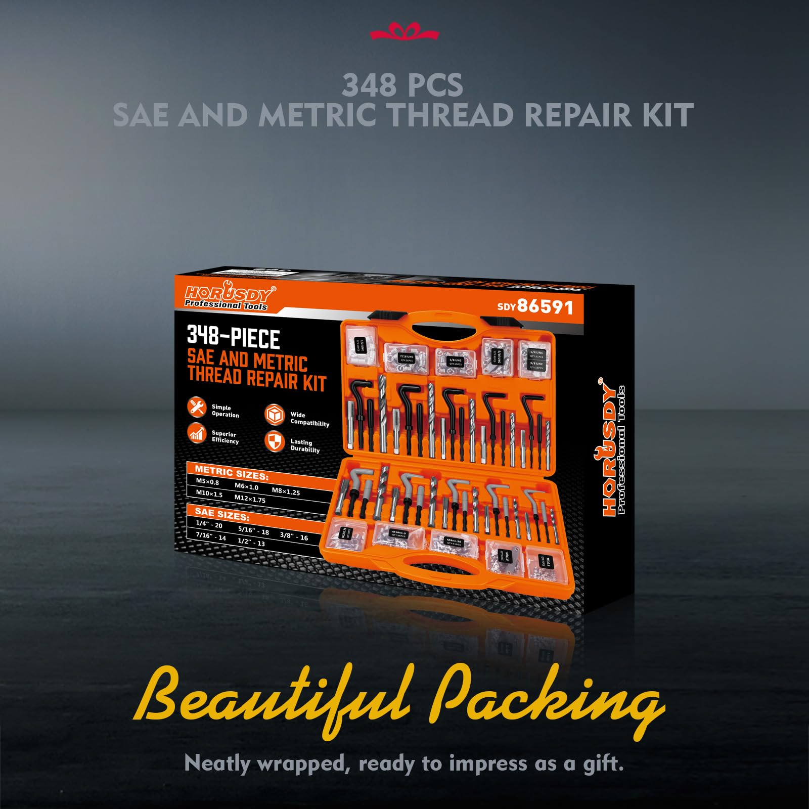 HORUSDY 348-Piece Thread Repair Kit, Metric & SAE Helicoil Set with HSS Drill Bits, Thread Inserts, Taps & Installation Tools, for Damaged Thread, Engine, Spark Plug & Automotive Repair