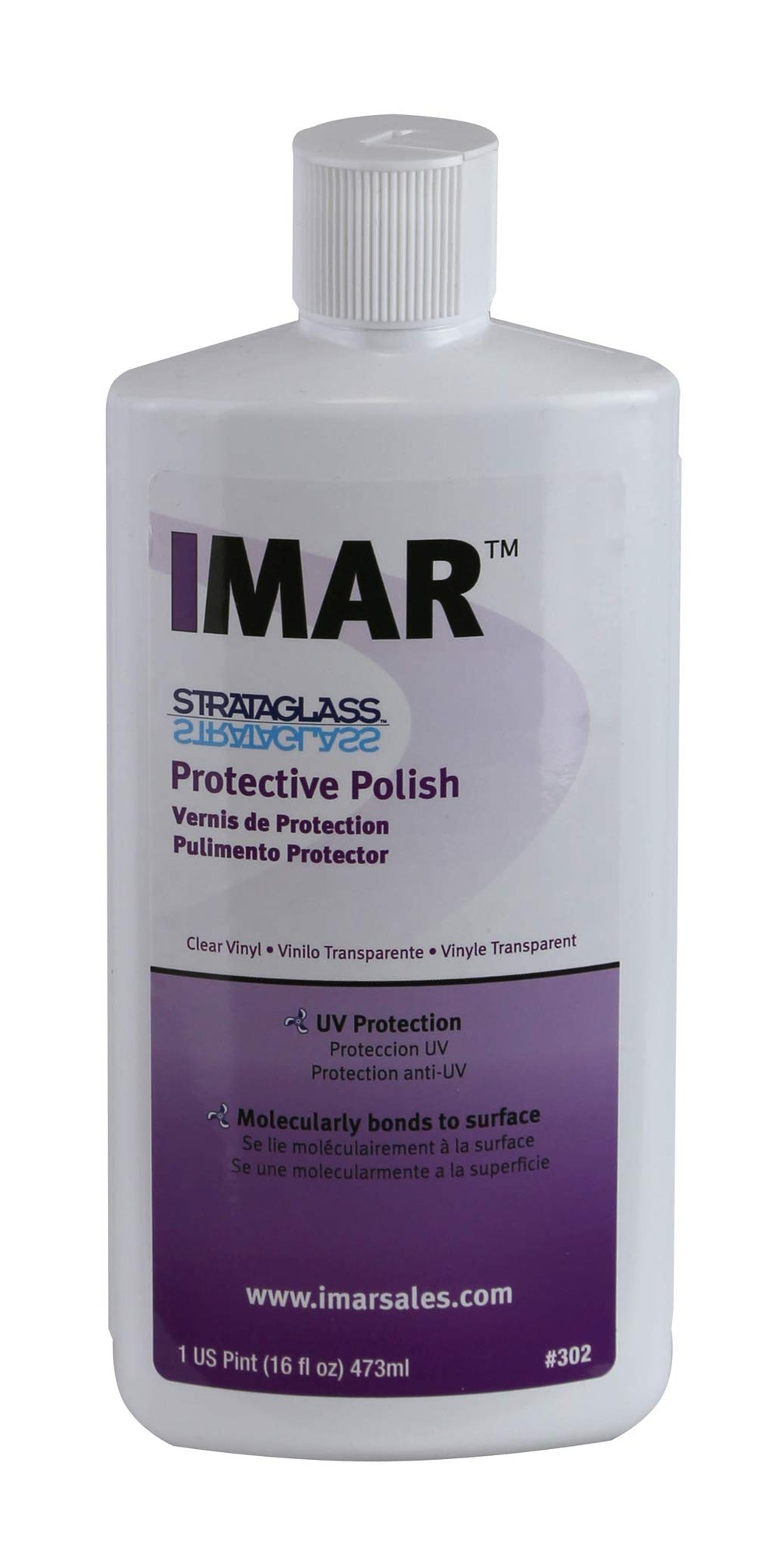 IMAR Strataglass Protective Polish bottle shows crystal-clear shine and durable protection for clear vinyl surfaces
