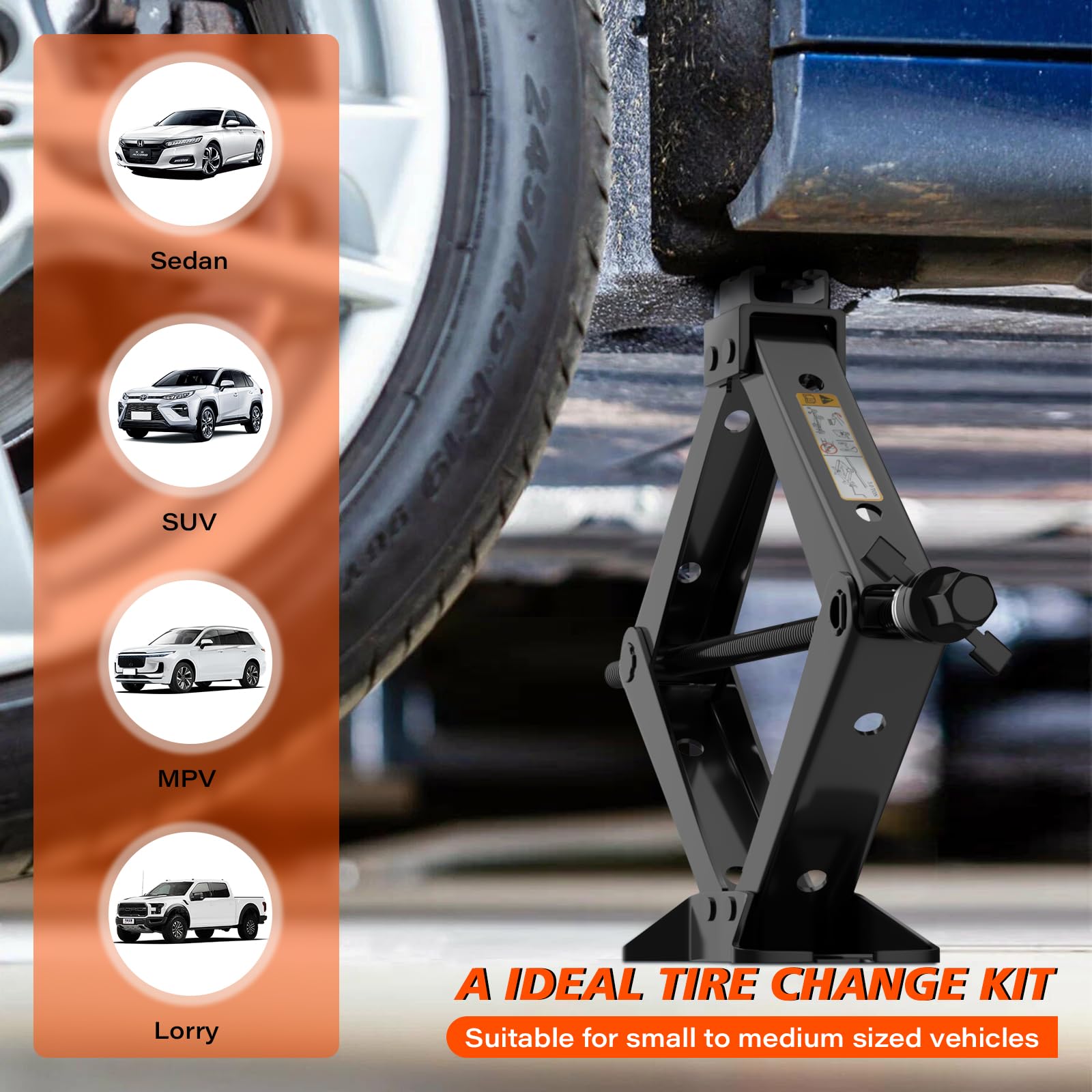 IMAYCC 3 Ton scissor jack in use on roadside enabling a tire change