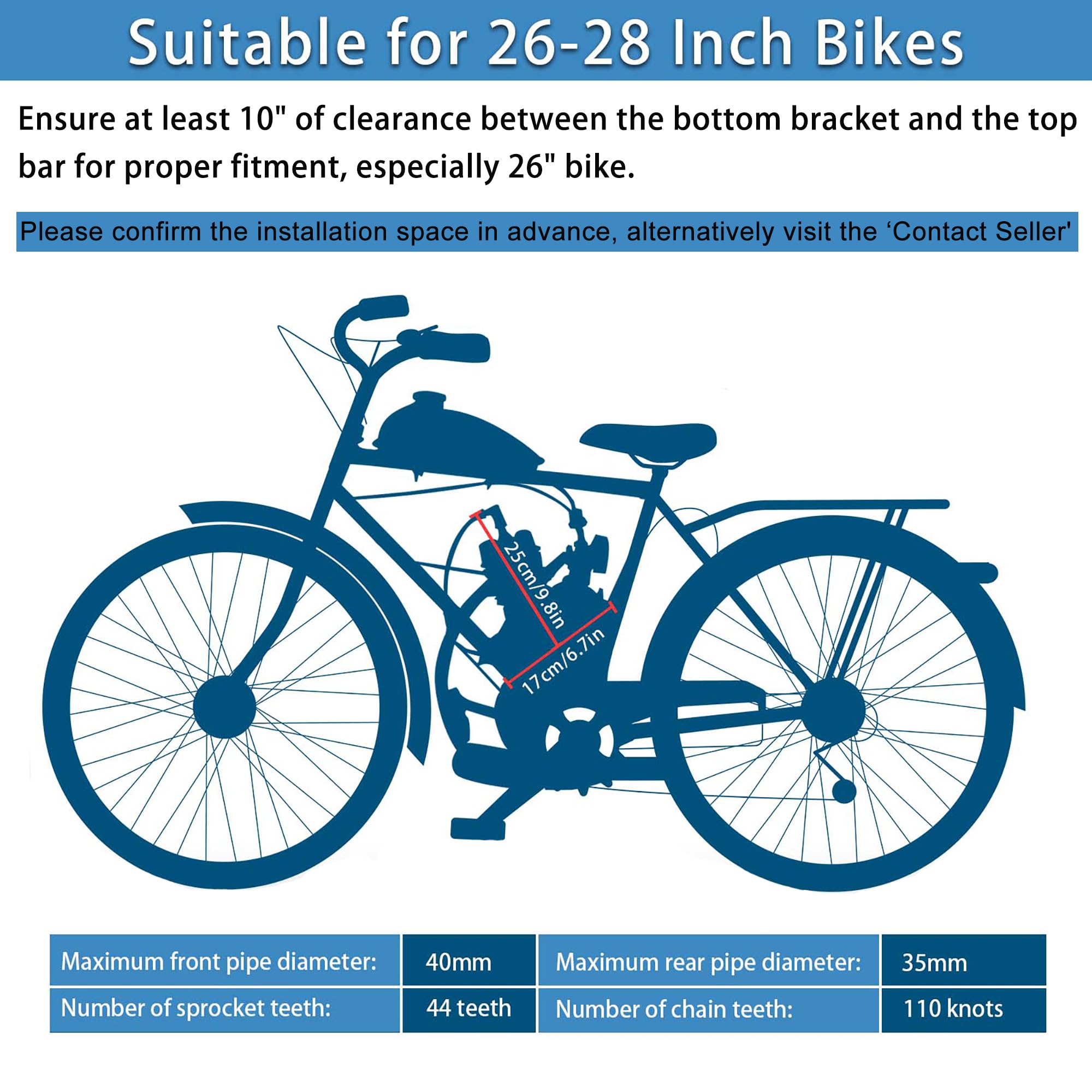 IMAYCC 80cc compatibility guide for 26-28in bikes with V-frames