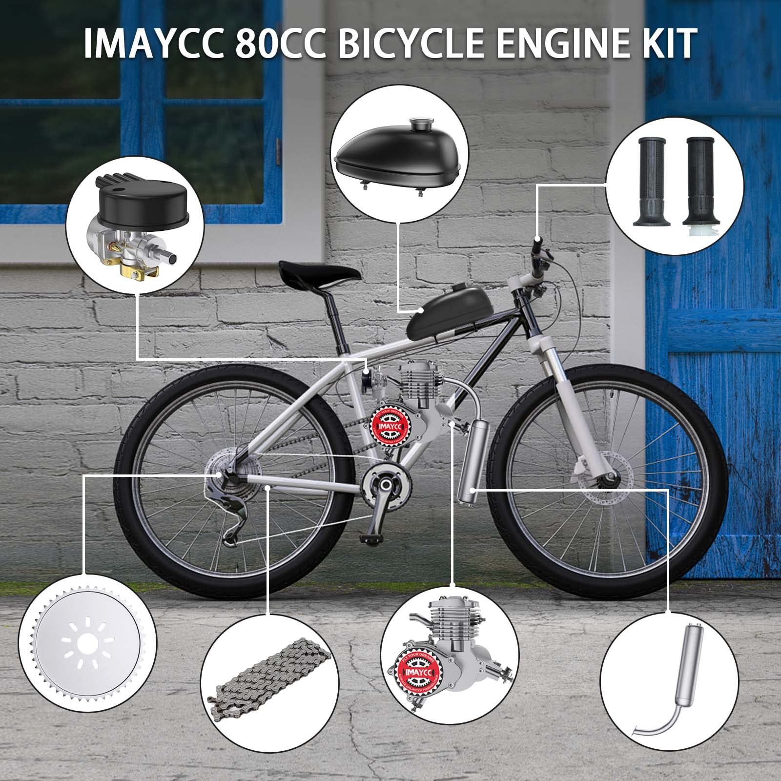 IMAYCC 80cc engine components arranged for compatibility checks and setup