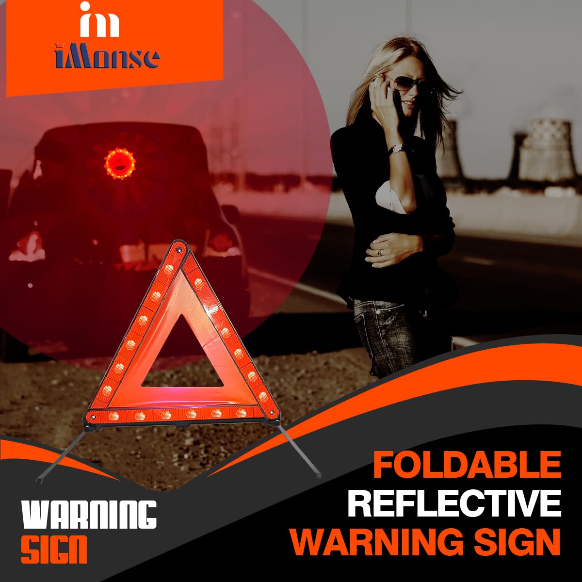 iMonse warning triangle with 360 degree visibility for highway safety