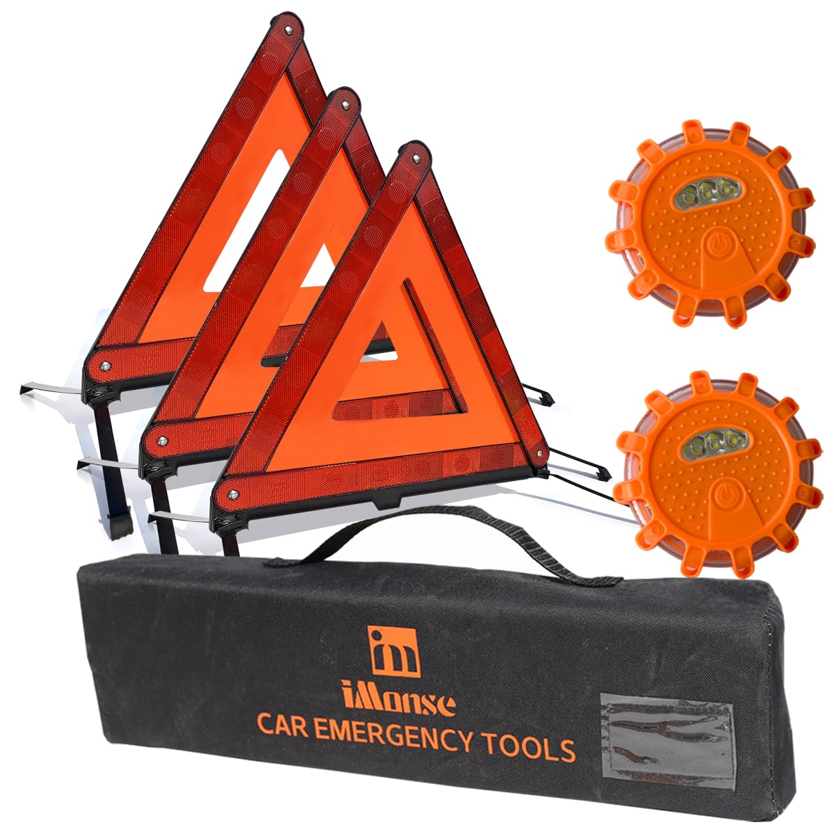 iMonse warning triangle kit with reflective triangles for high road visibility.