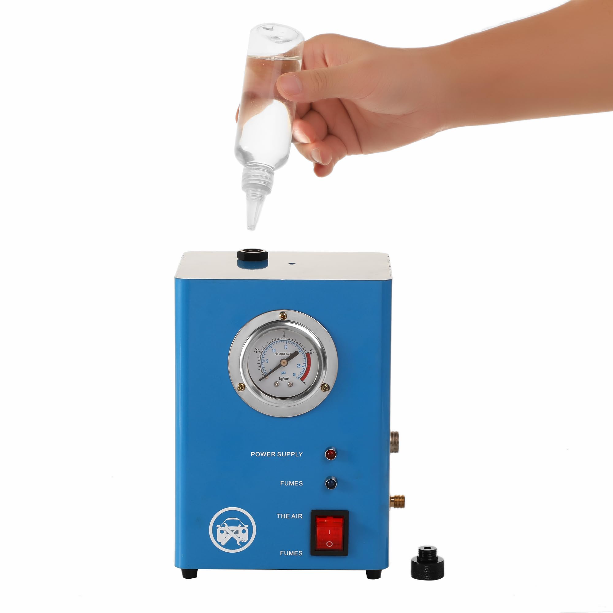 IMSTMTER automotive smoke detector in-use for multi-system leak testing.