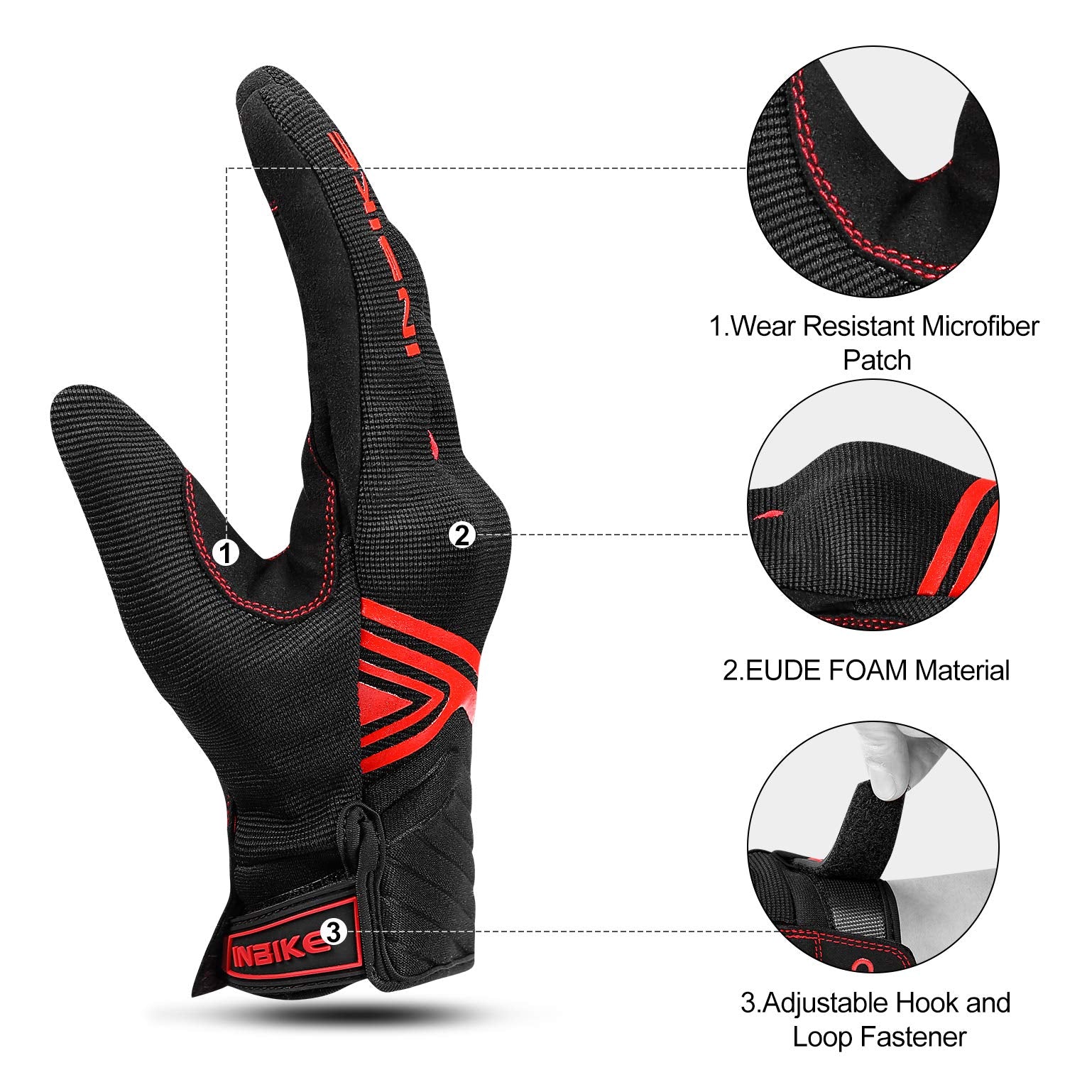 INBIKE gloves palm pad and microfiber patch provide grip and wear resistance.