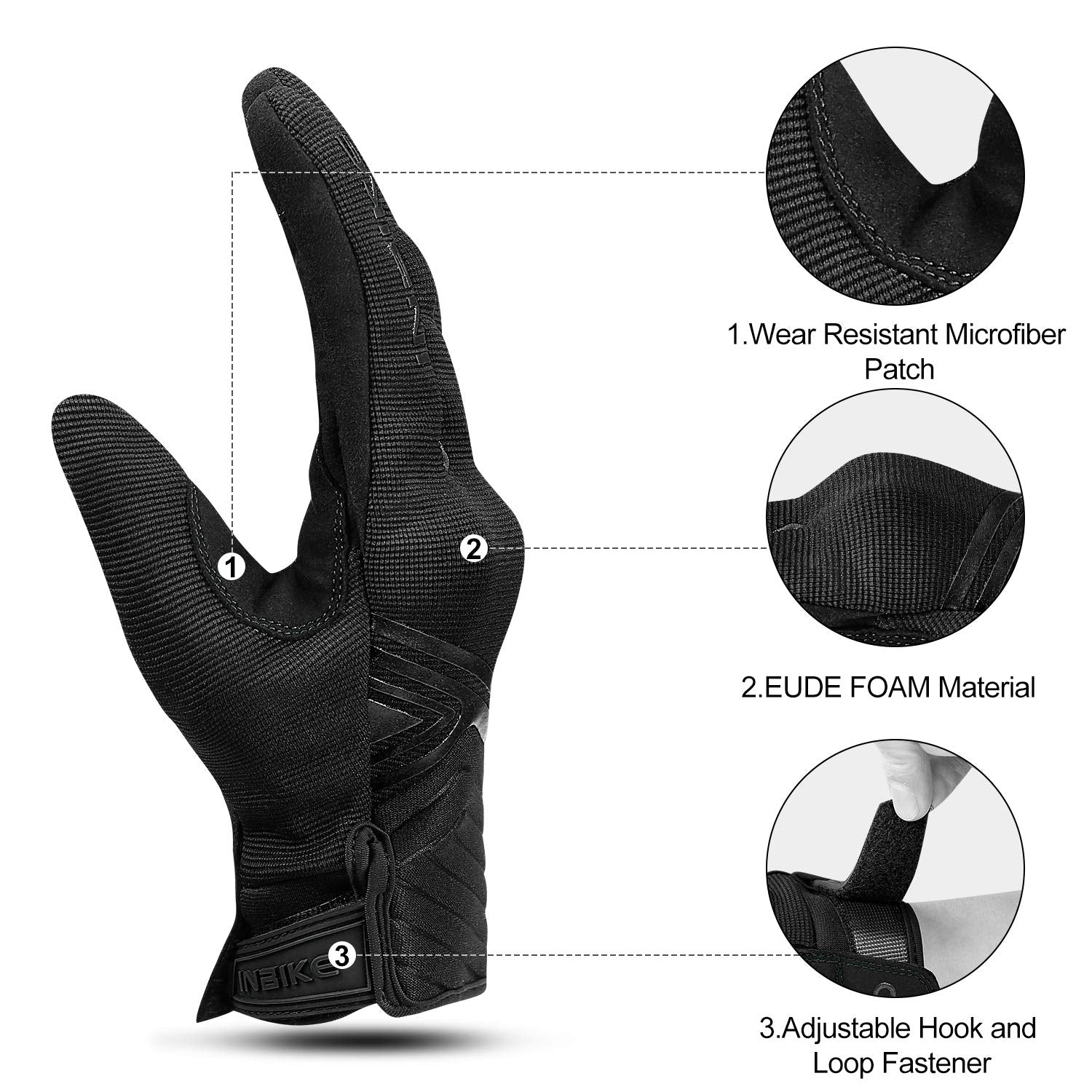 INBIKE microfiber patch on palm boosts grip and wear resistance.