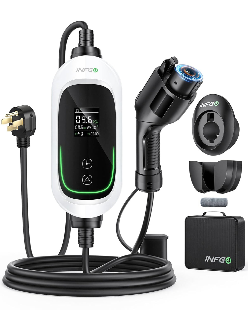 INFGO Level 2 EV Charger front view with LCD display for real-time data.