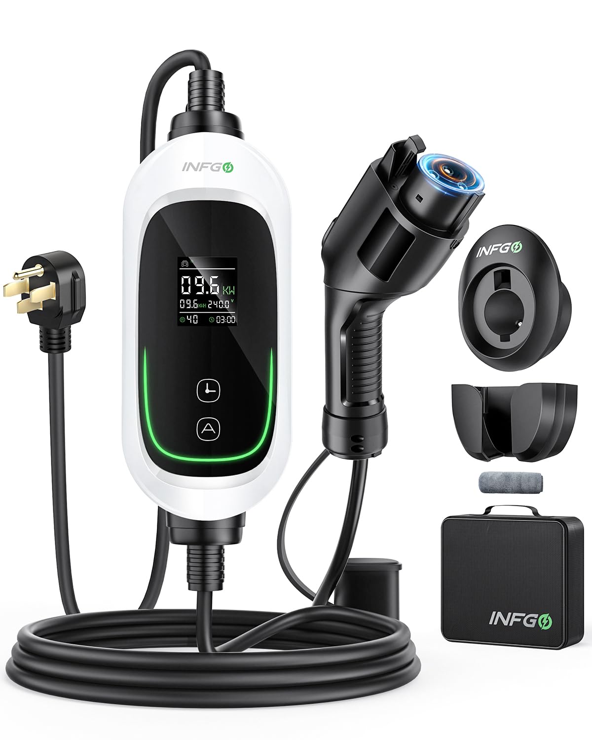 INFGO Level 2 EV Charger front view with LCD display for real-time data.