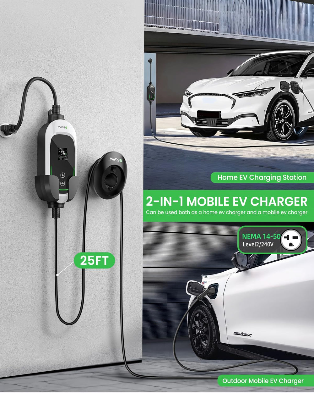 INFGO Level 2 EV Charger outdoor-ready with IP66 rating for exterior use.
