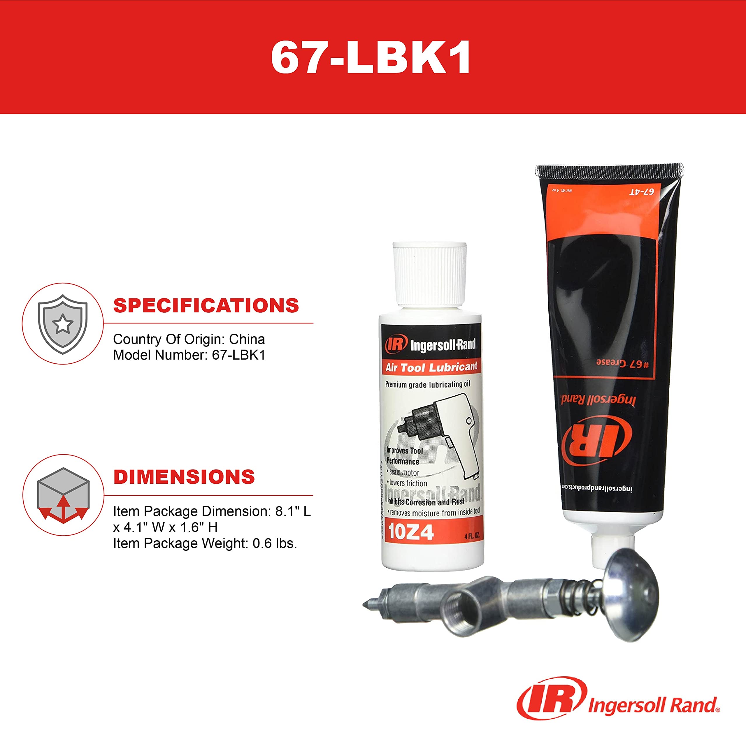 Ingersoll Rand 67-LBK1 kit contents image displays oil, grease, and grease gun for protective lubrication.