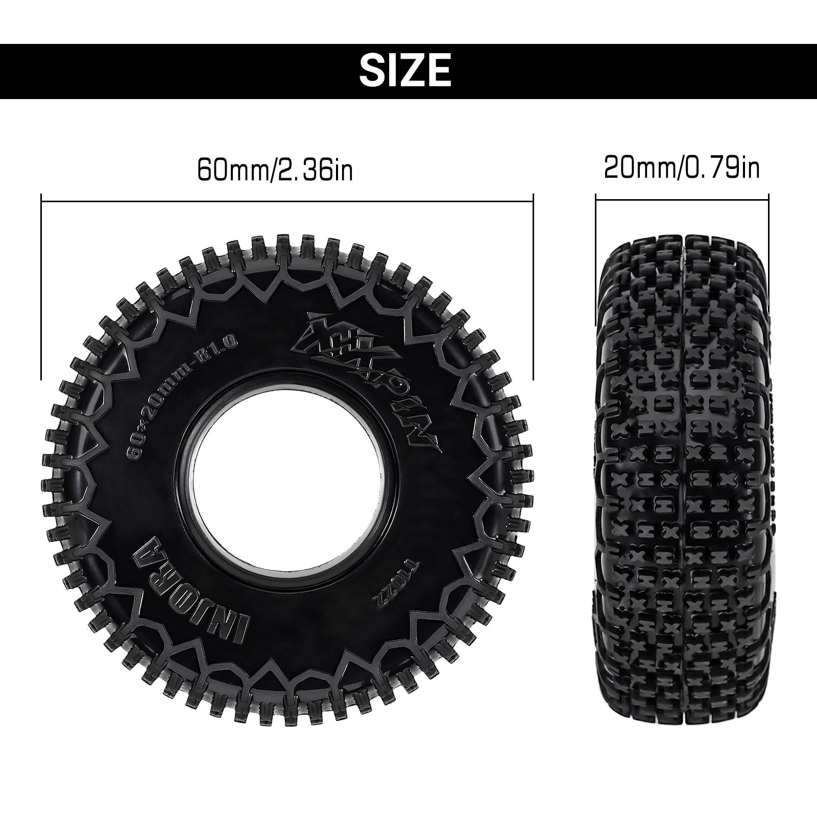 INJORA S5 60x20mm on rocky terrain, improved traction.
