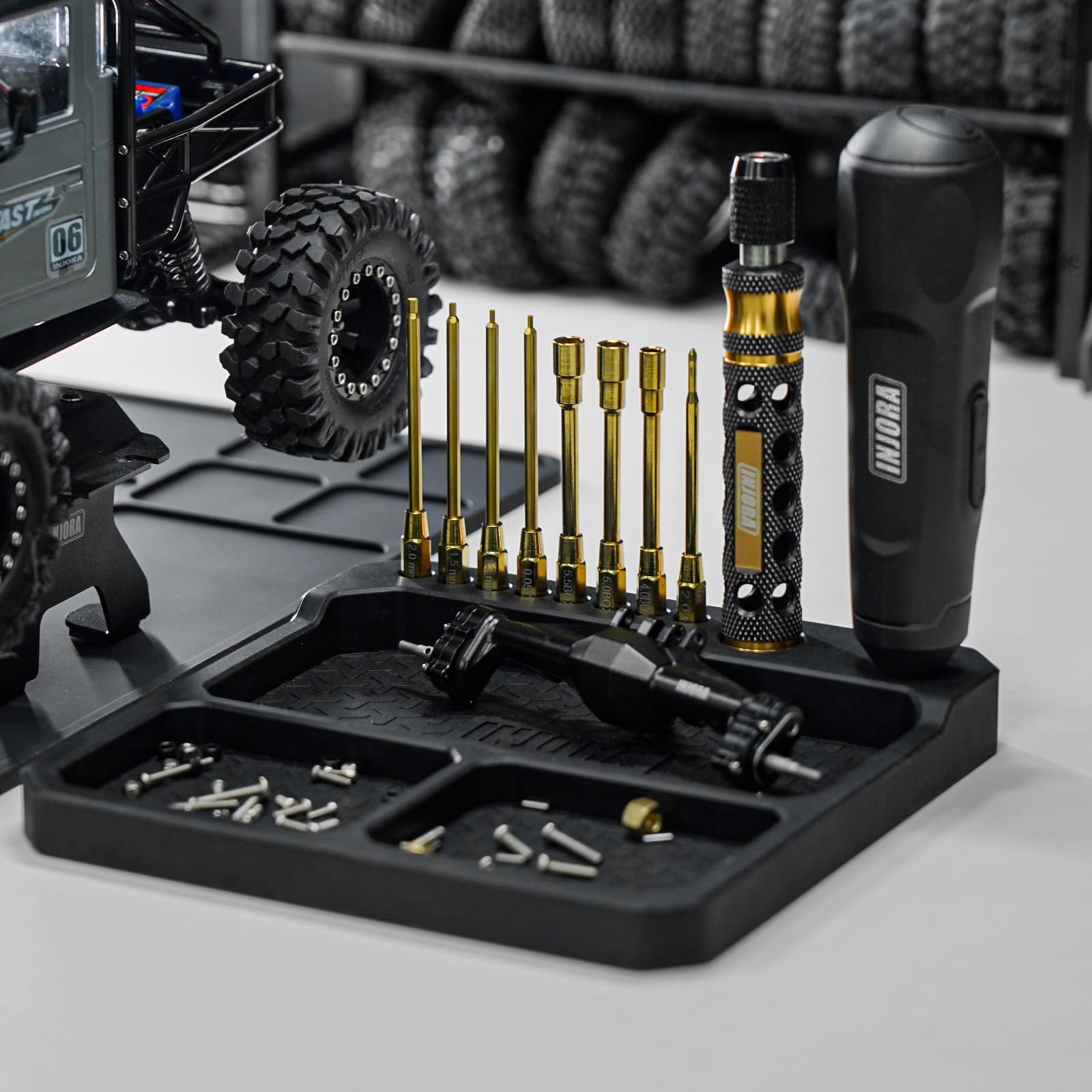 INJORA Silicone Tool Tray aids model assembly with organized workspace
