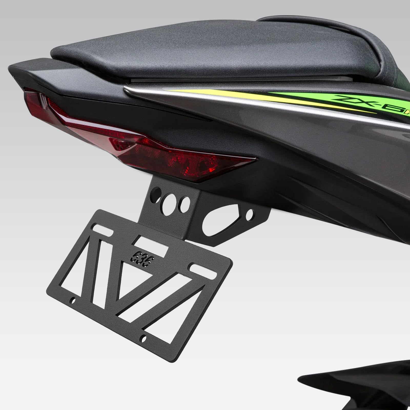 INKUDRI ZX6R-compatible license plate bracket supports OEM and aftermarket signals