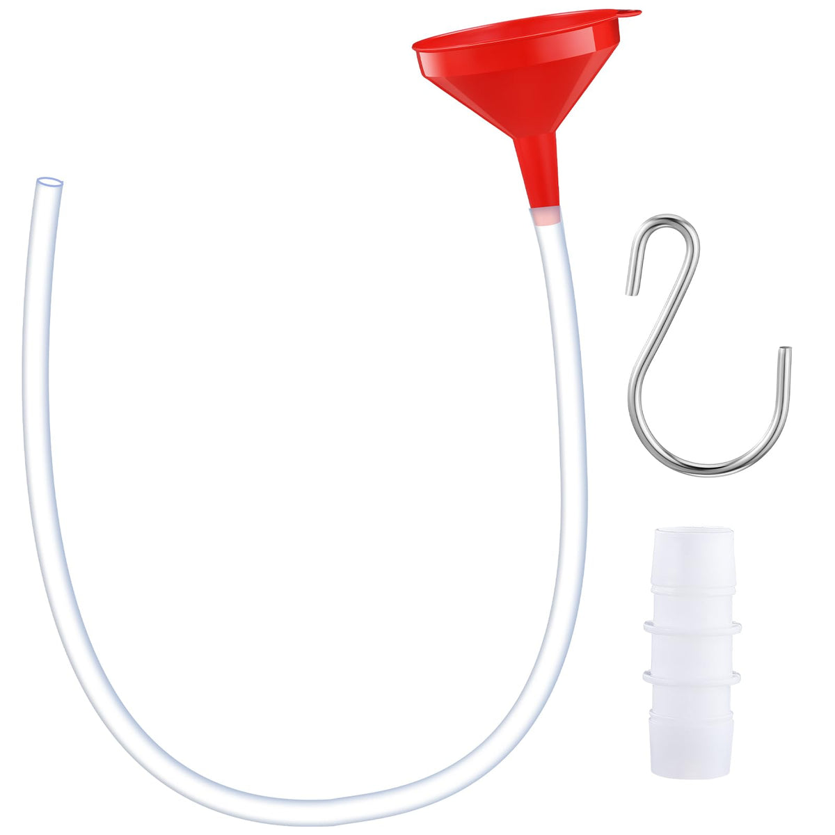 Innconee long funnel with red funnel and clear hose for precise liquid transfer.