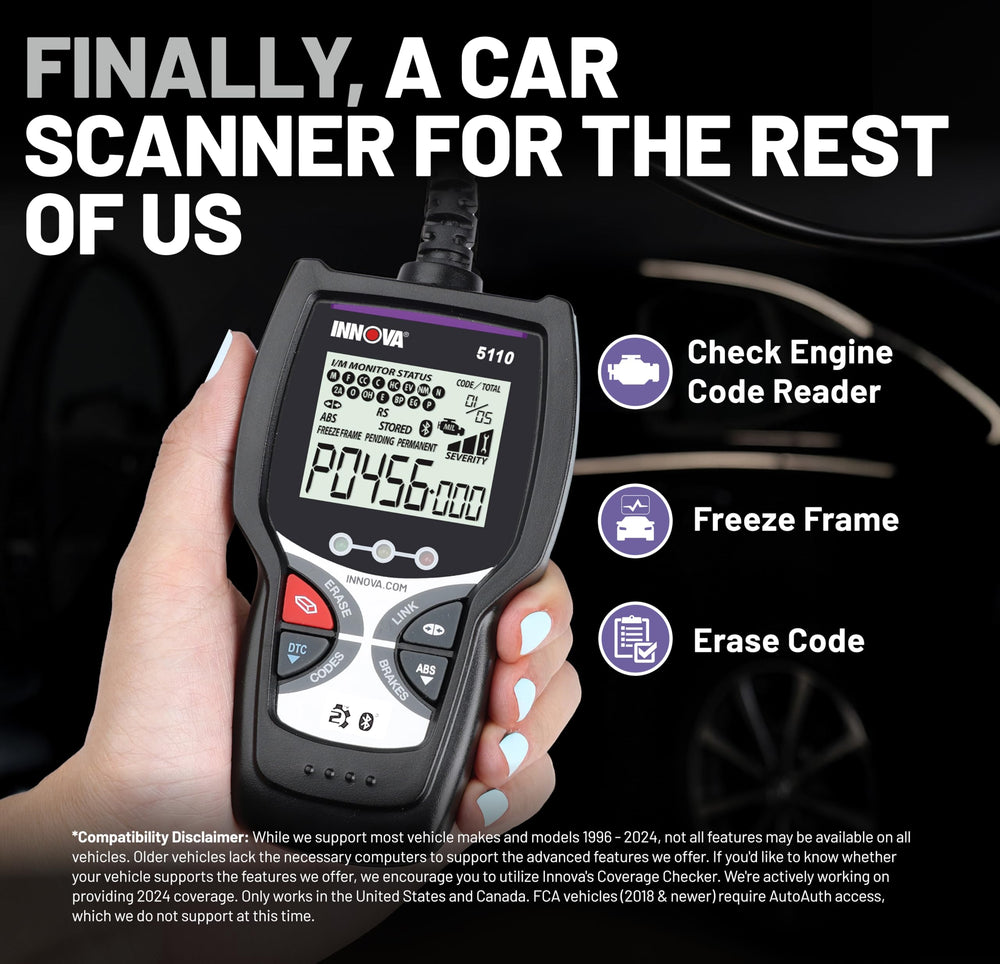 Innova 5110 code scan display shows live trouble codes for fast diagnostics.