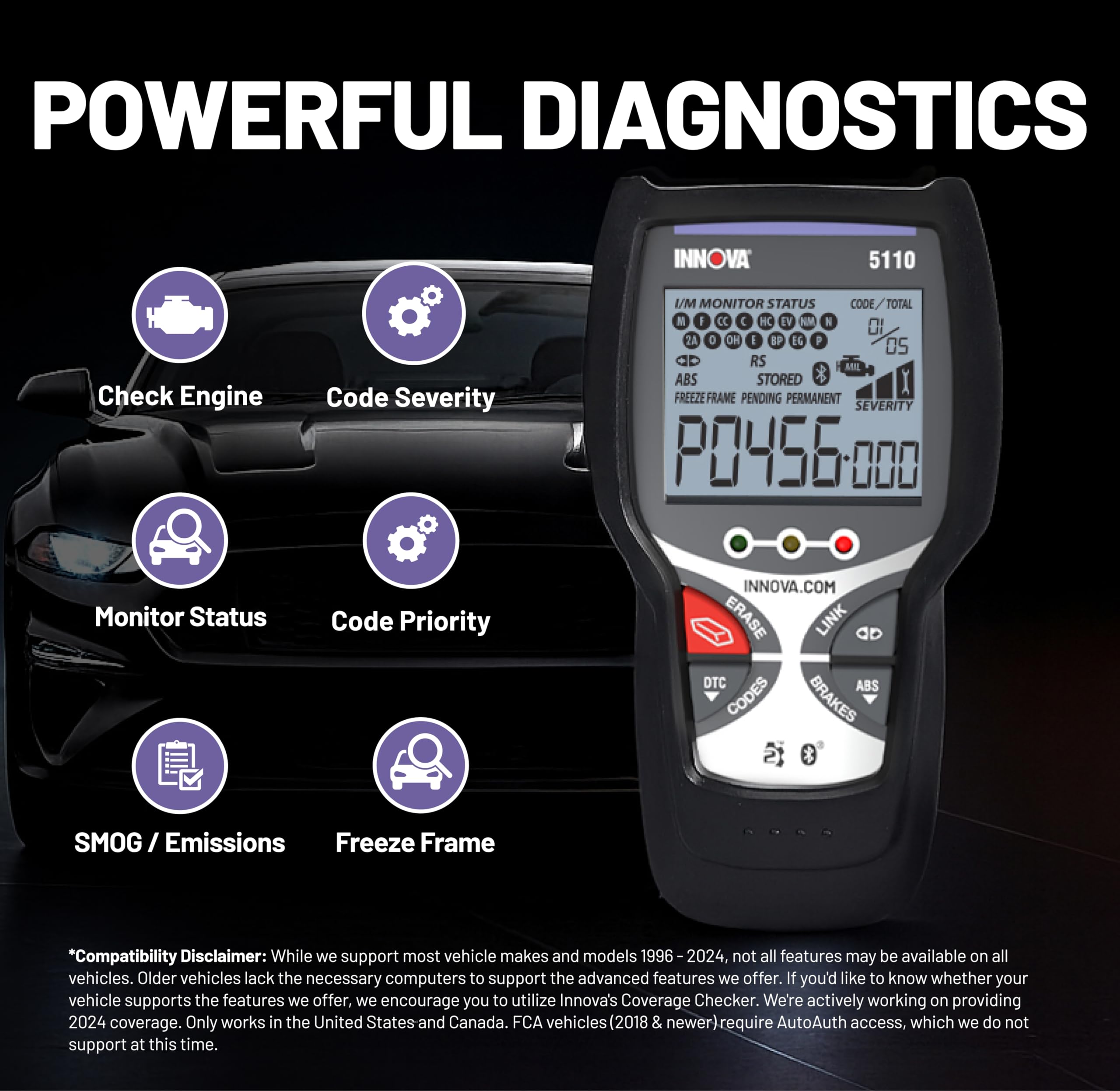 Innova 5110 compatibility and OBD-II coverage aids universal diagnostics.