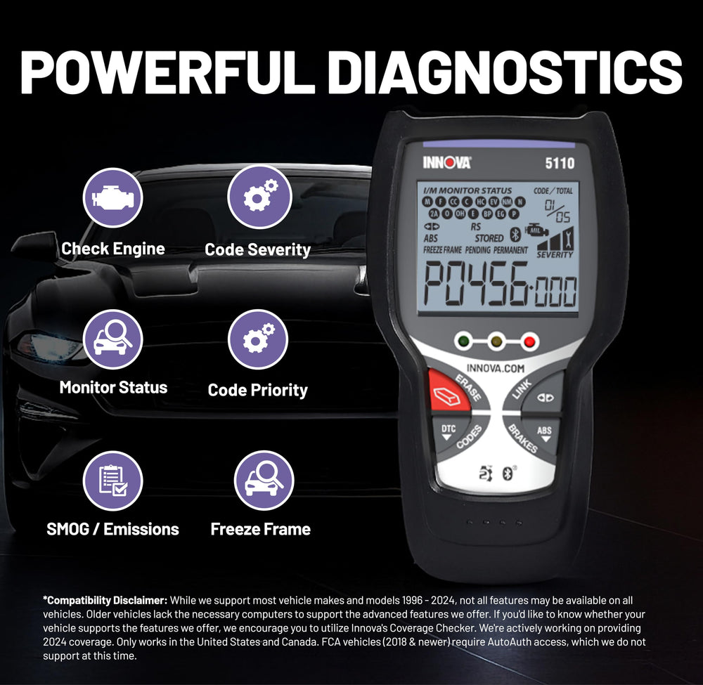 Innova 5110 compatibility and OBD-II coverage aids universal diagnostics.