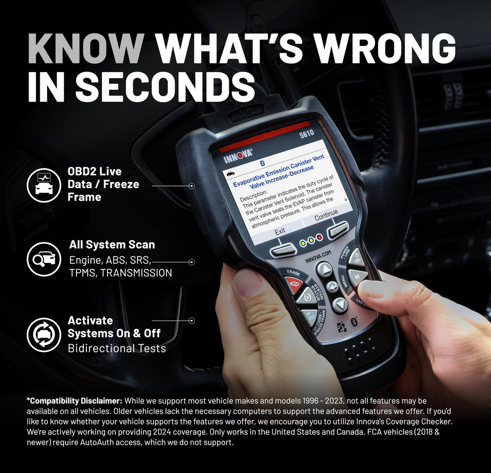 Innova 5610 live data stream for ABS, SRS, and engine aids precise troubleshooting