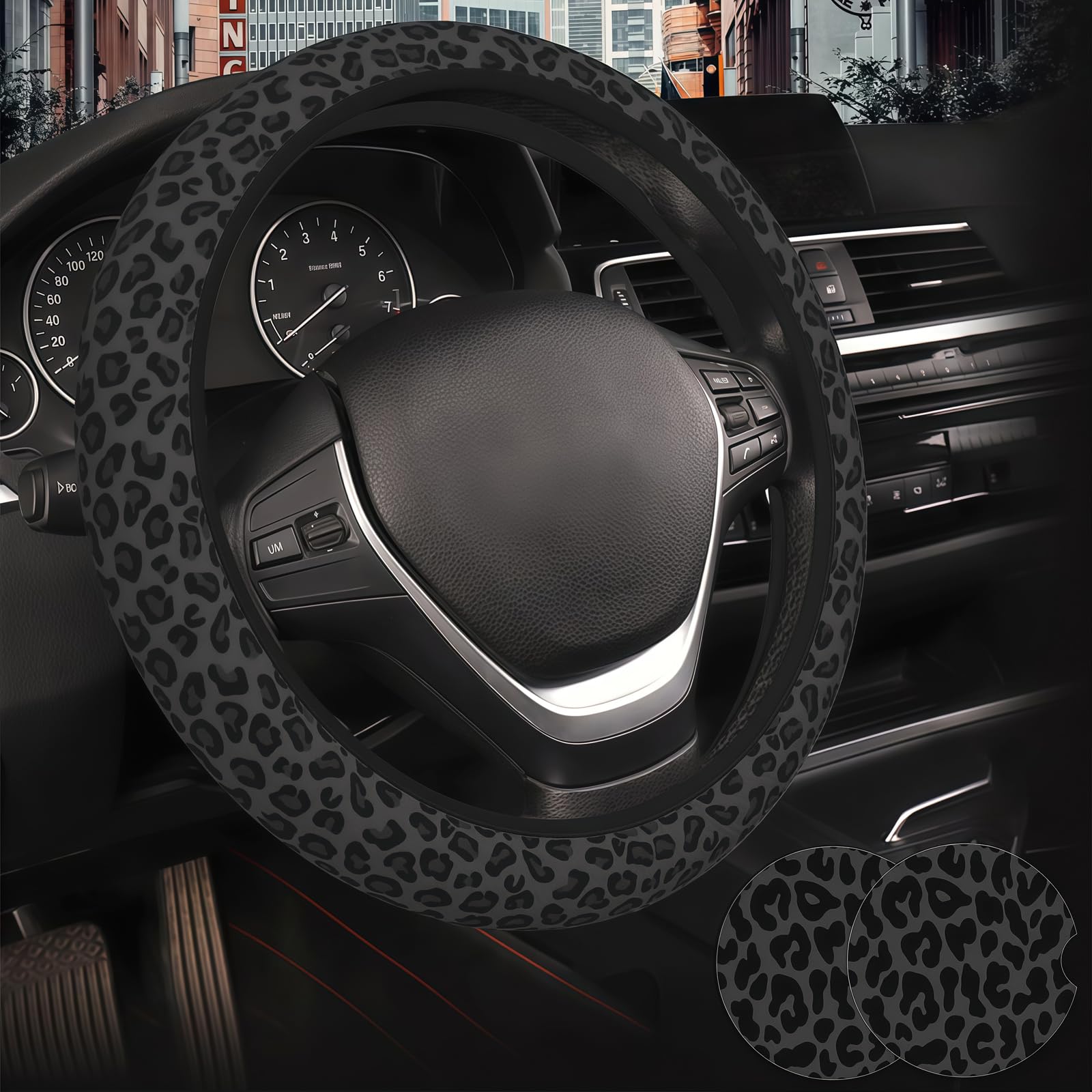 INROAN black leopard steering wheel cover close-up showing anti-slip neoprene grip