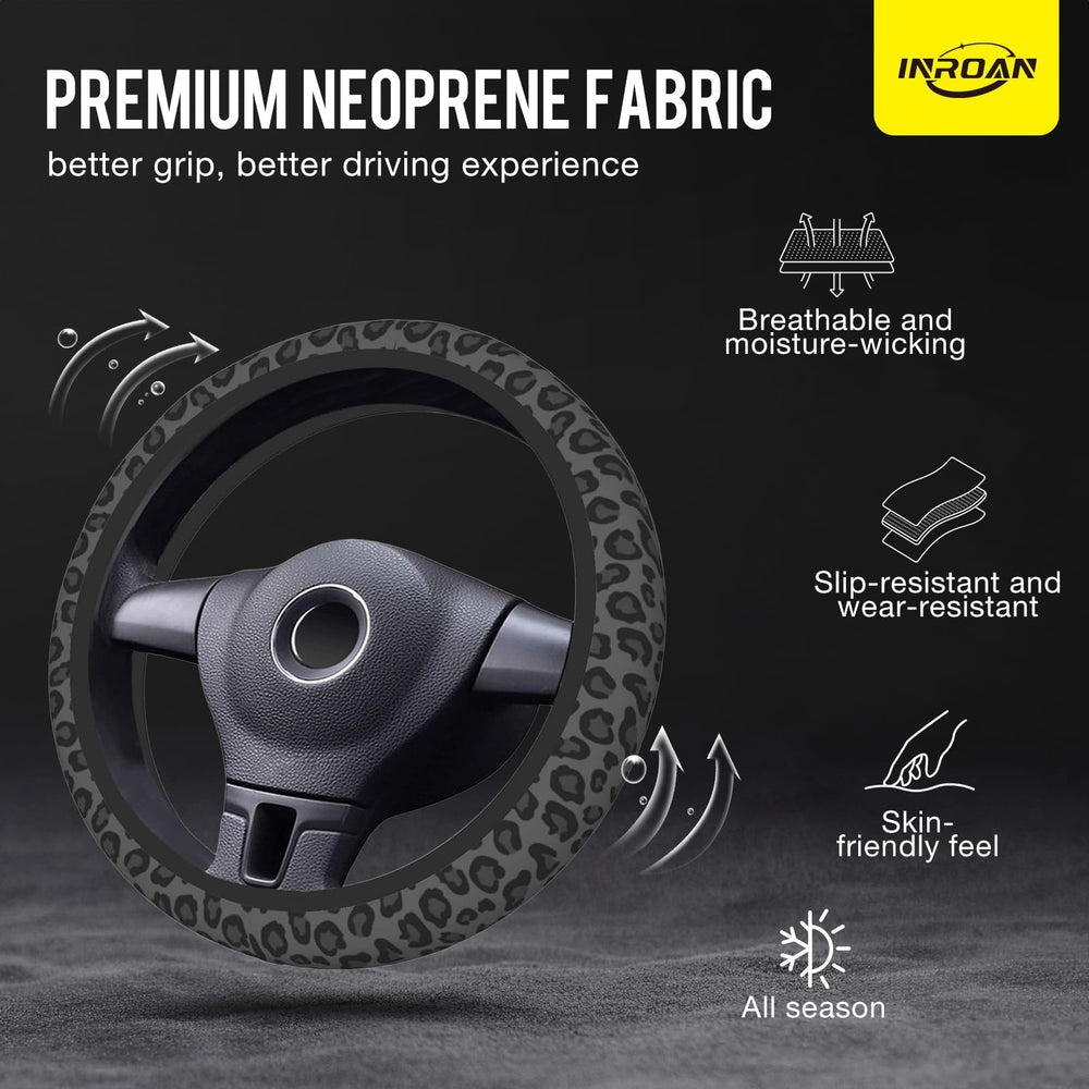 INROAN steering wheel cover stretched over wheel demonstrates quick installation
