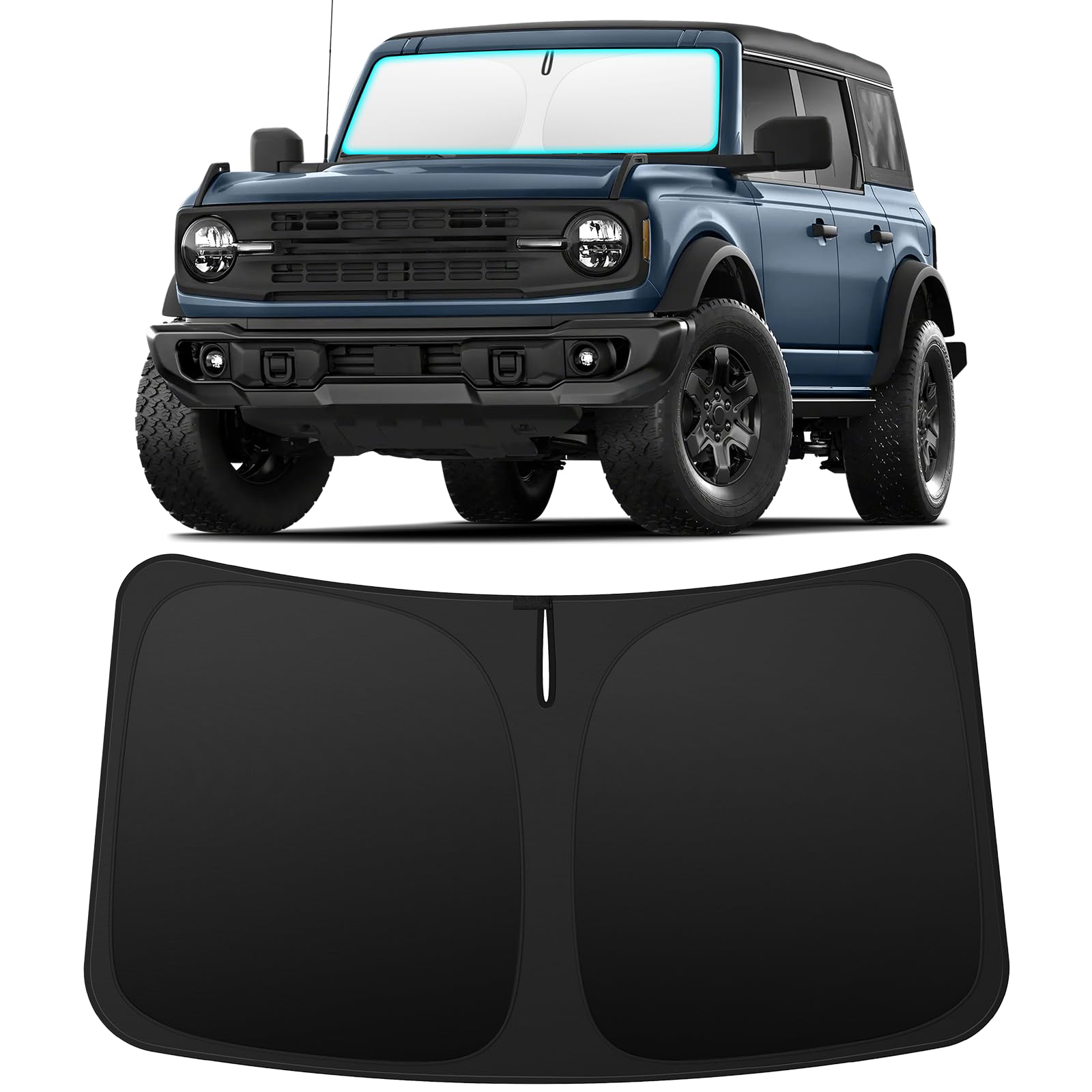 INSAUTO Bronco sunshade front coverage for a snug fit and full windshield protection.