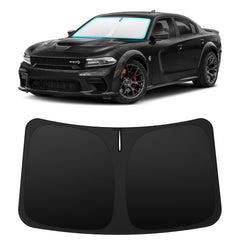 INSAUTO custom-fit windshield sun shade on a Dodge Charger front window improves cabin comfort by blocking heat.