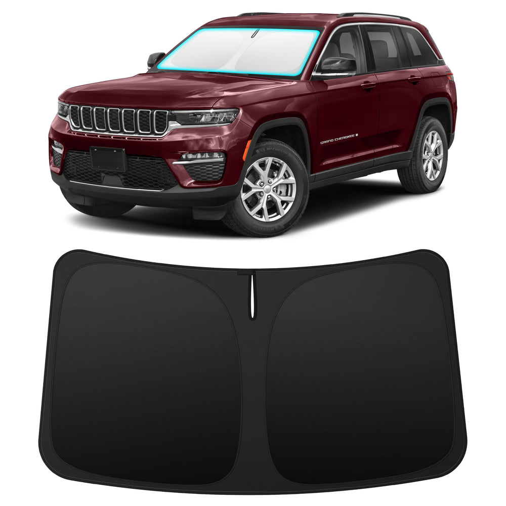 INSAUTO custom-fit windshield sun shade on Jeep Grand Cherokee front view blocks sun glare