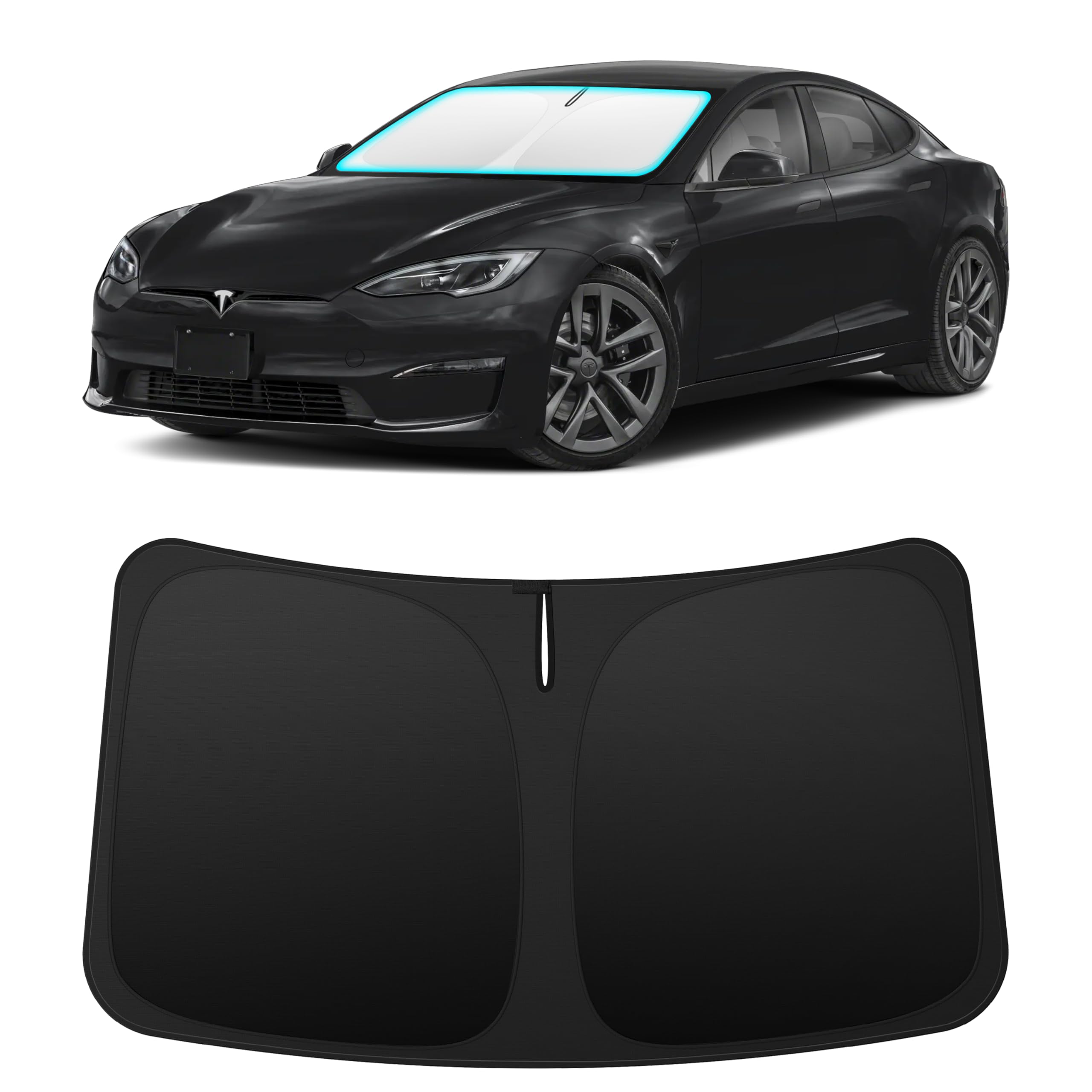 INSAUTO custom-fit windshield sun shade for Tesla Model S front view with precise fit and heat protection
