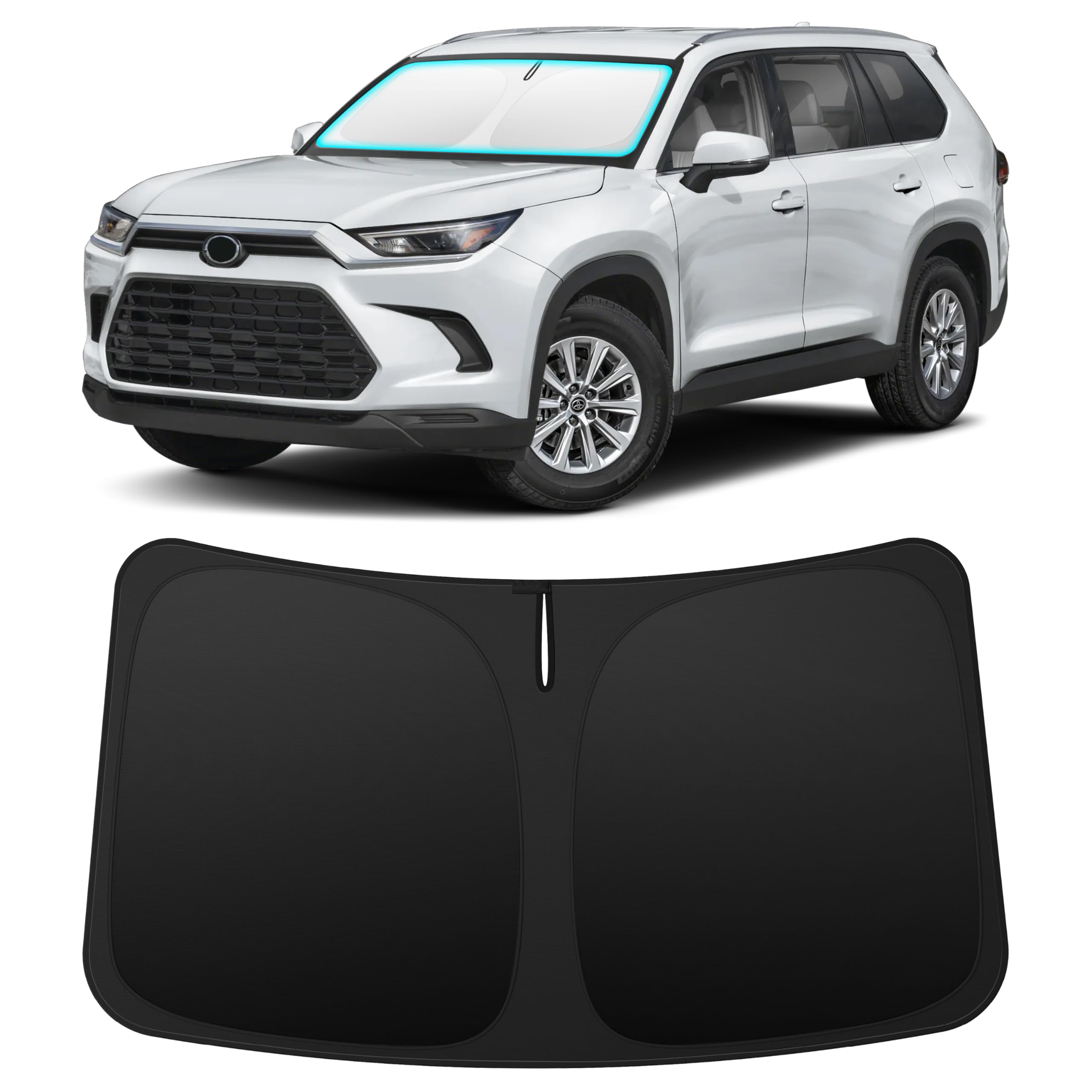 INSAUTO custom-fit windshield sun shade for Grand Highlander, front view, protects dashboard from sun damage.