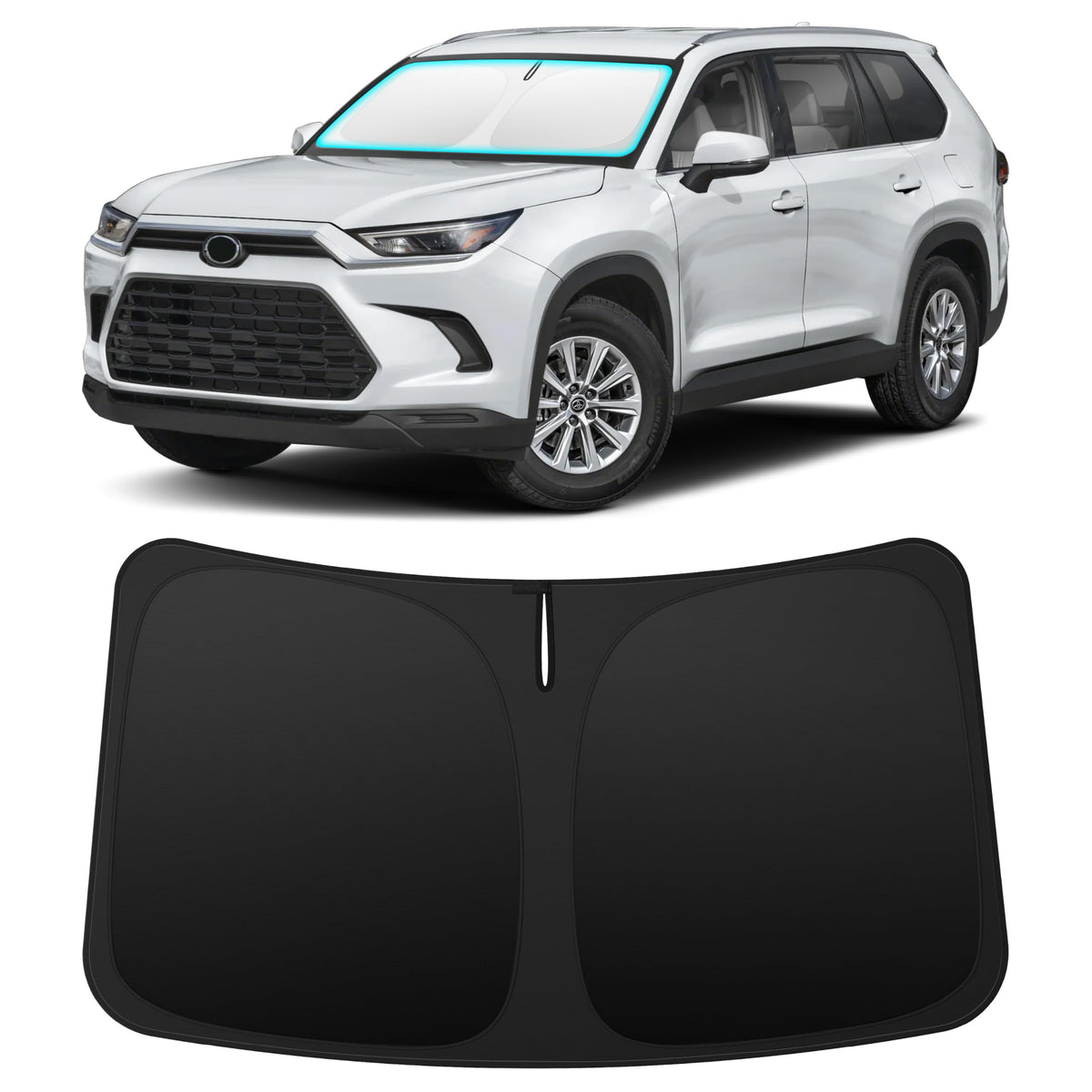 INSAUTO custom-fit windshield sun shade for Grand Highlander, front view, protects dashboard from sun damage.