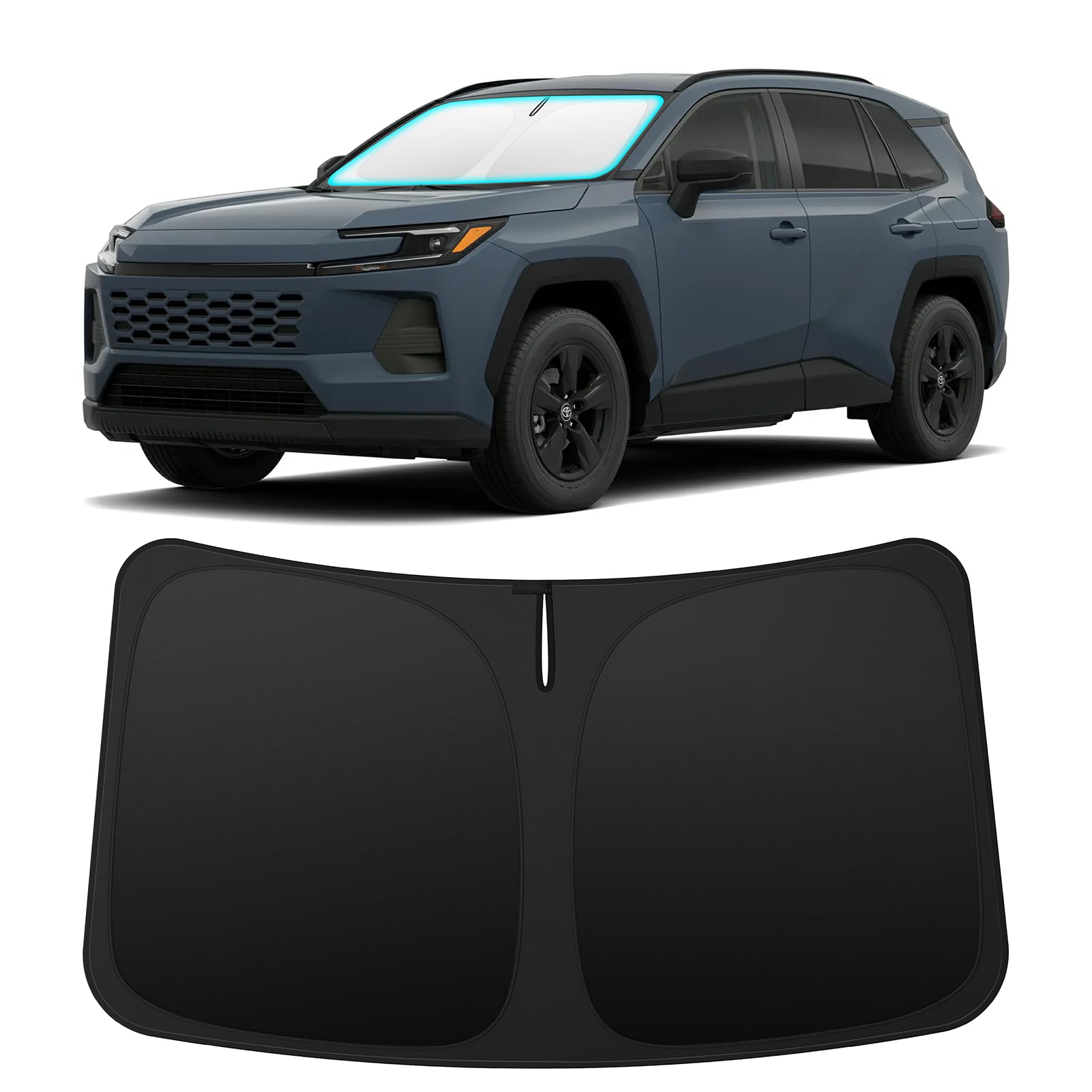 INSAUTO Rav4 front window shade folded to reduce glare and heat.