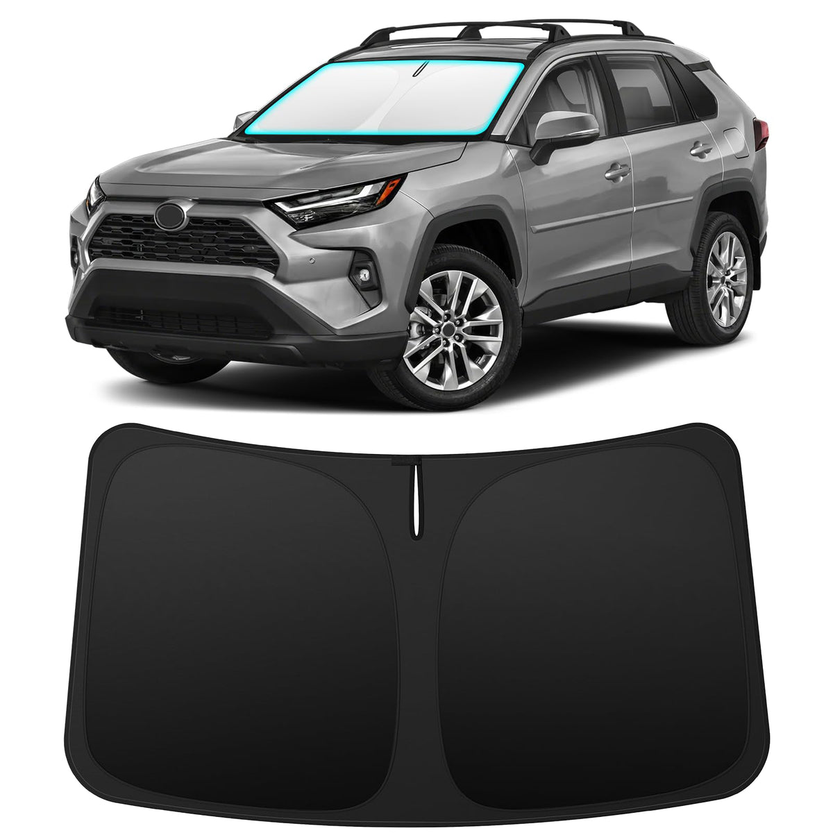 INSAUTO Rav4 front window sunshade folded in its storage bag for easy transport.