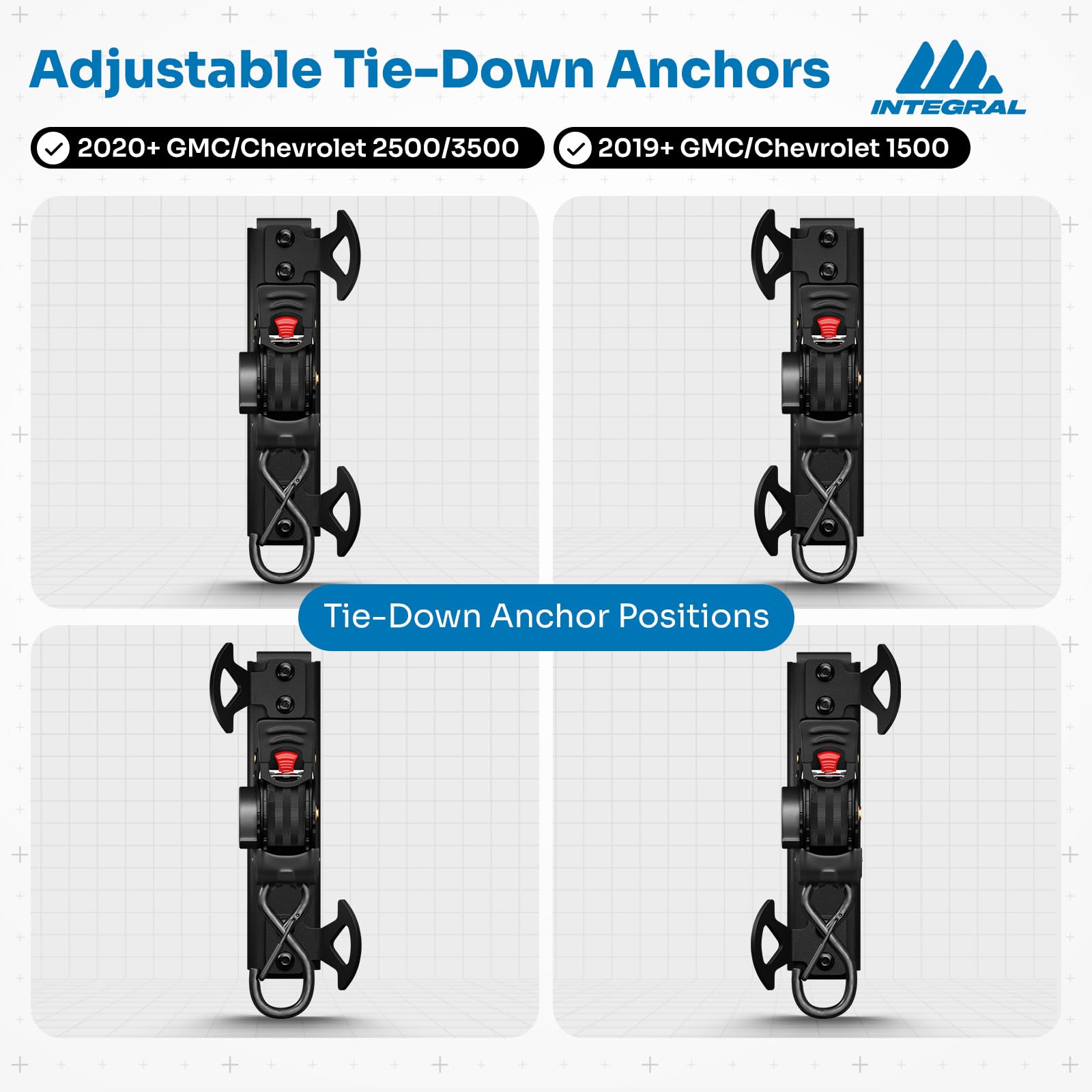 Integral Straps adaptable to any bed length and bed liner setups