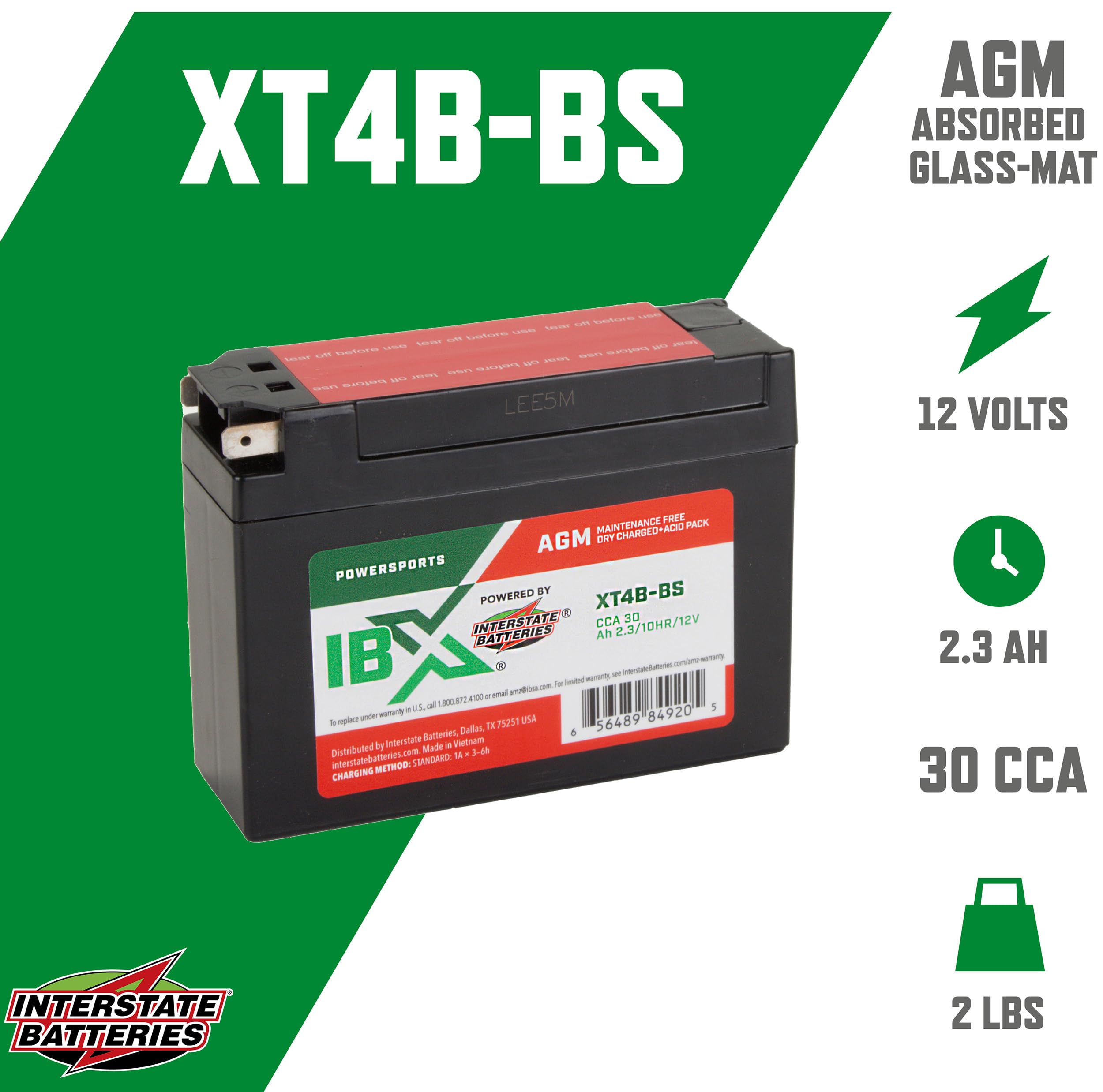 Interstate Batteries YT4B-BS label close-up showing AGM design and 2.3Ah