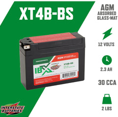 Interstate Batteries YT4B-BS label close-up showing AGM design and 2.3Ah