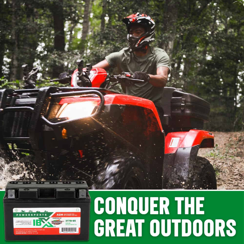 Interstate Batteries YT7B-BS compatibility label shows Ducati, Suzuki, Yamaha fit.
