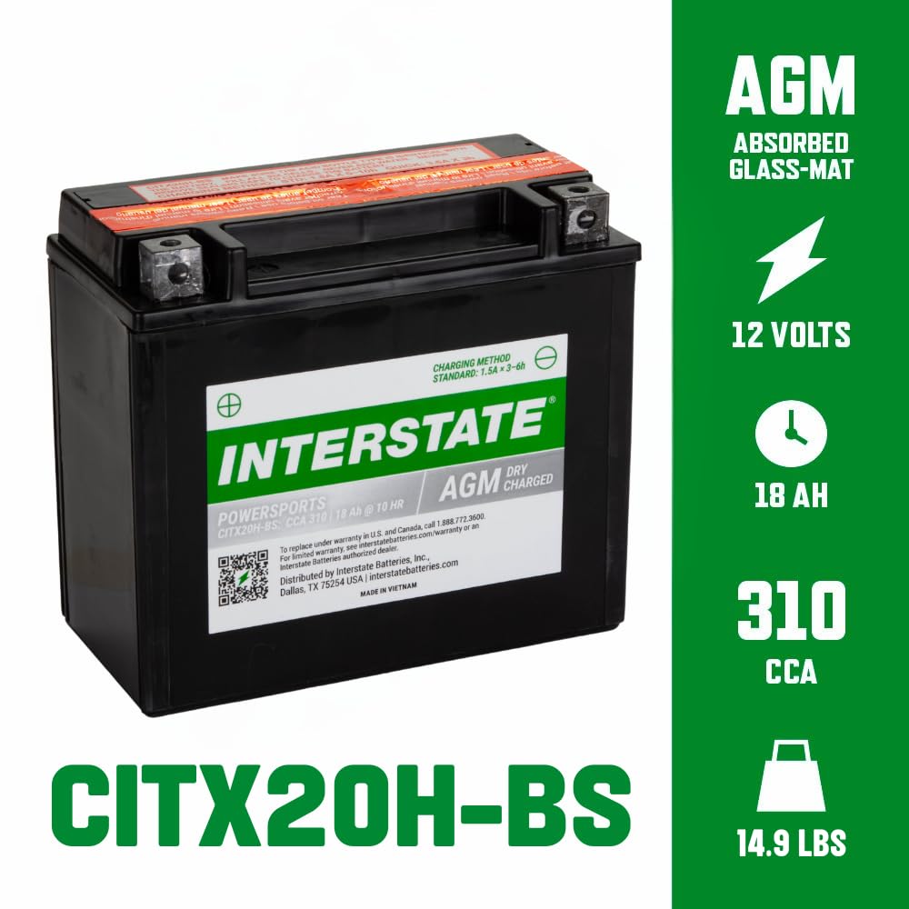 Interstate YTX20H-BS spillproof design image emphasizes leak-free operation on uneven terrains.