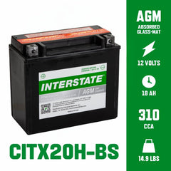 Interstate YTX20H-BS spillproof design image emphasizes leak-free operation on uneven terrains.