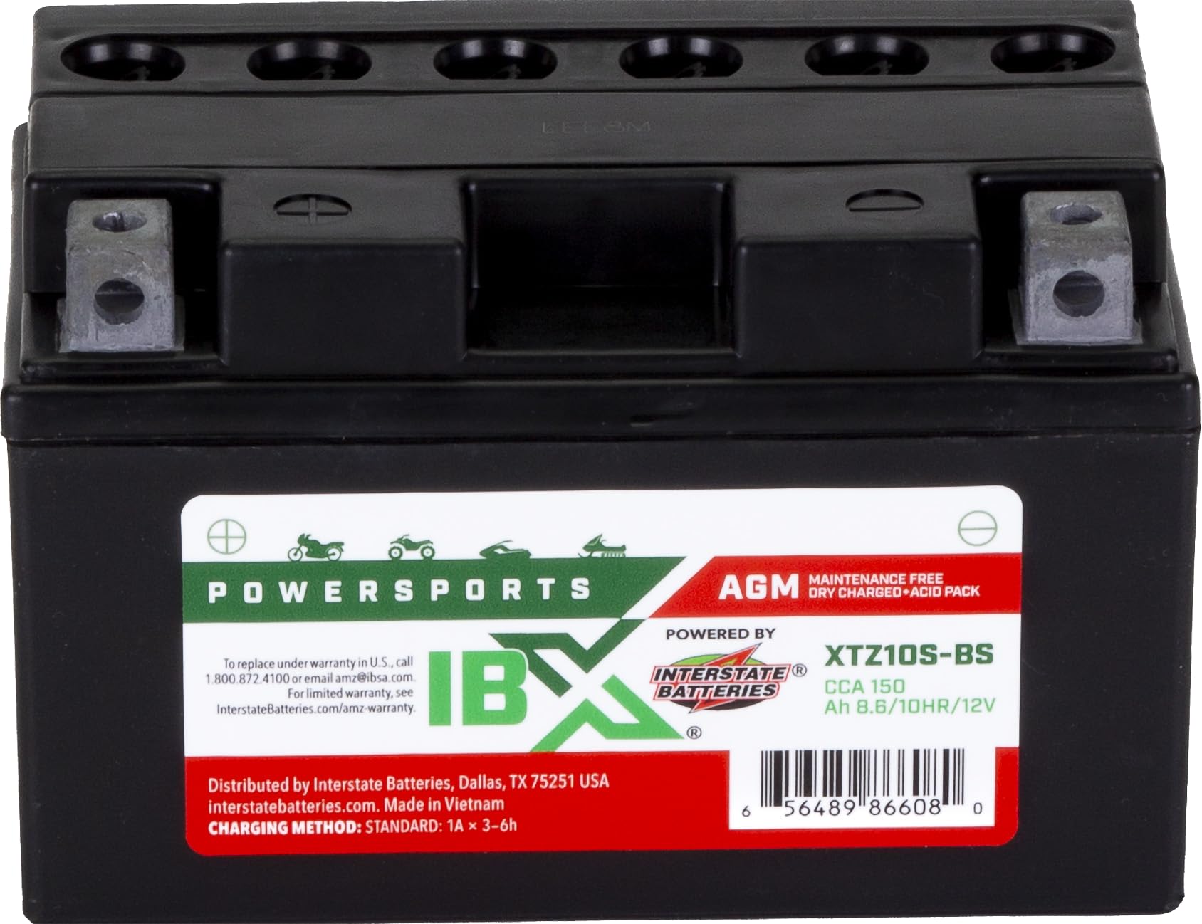 Interstate Batteries YTZ10S-BS powersports battery front view shows compact AGM design for space-saving fit.