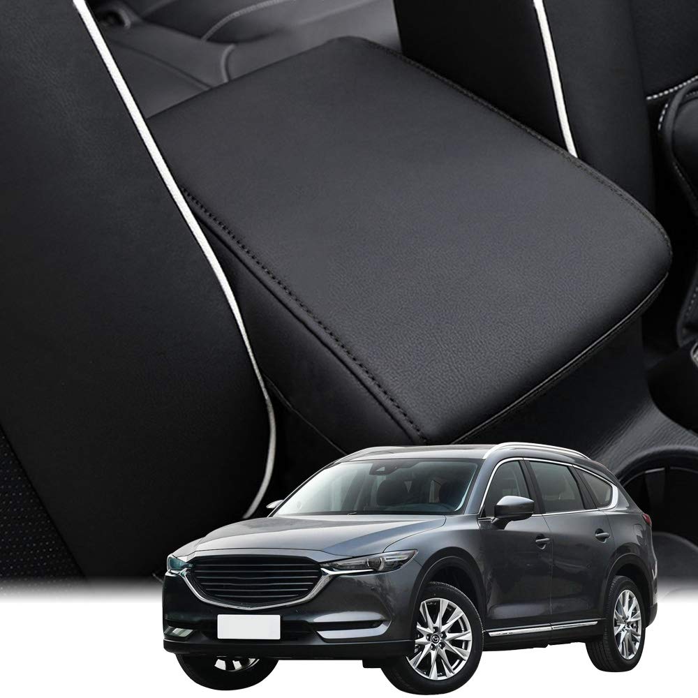INTGET center console cover for CX-5, black front view, protects from spills and scratches.